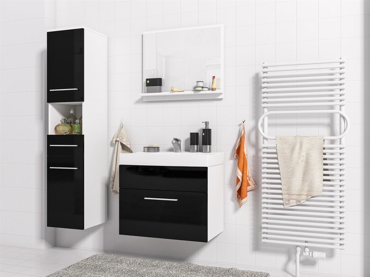 Badmöbel Set 4-Tlg Weiss / Schwarz Hochglanz LUCY inkl.Waschtisch