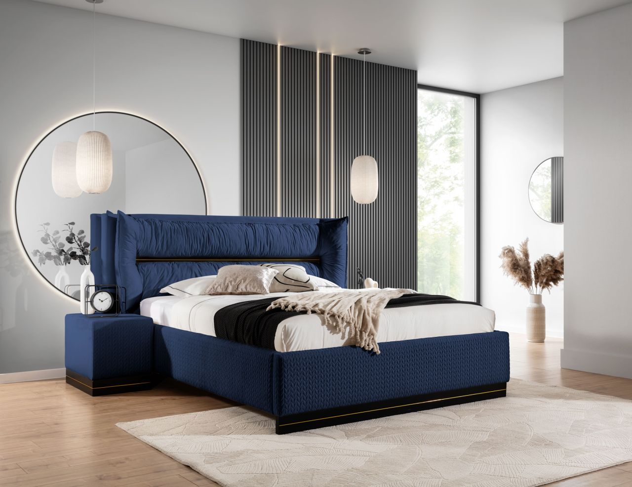 Polsterbett Doppelbett Set.3 HAMILTON 140x200cm Stoff Magic Velvet Dunkelblau