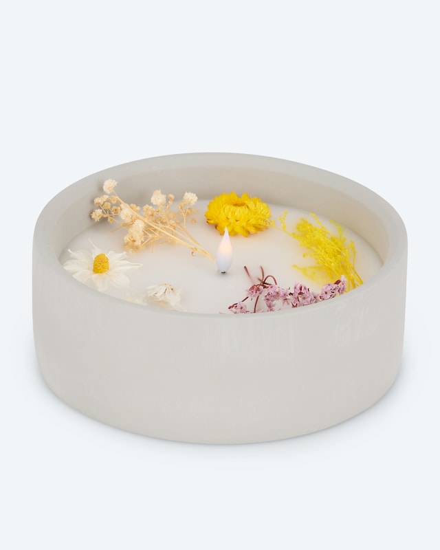 LED-Kerze Zement mit Blumen, groß