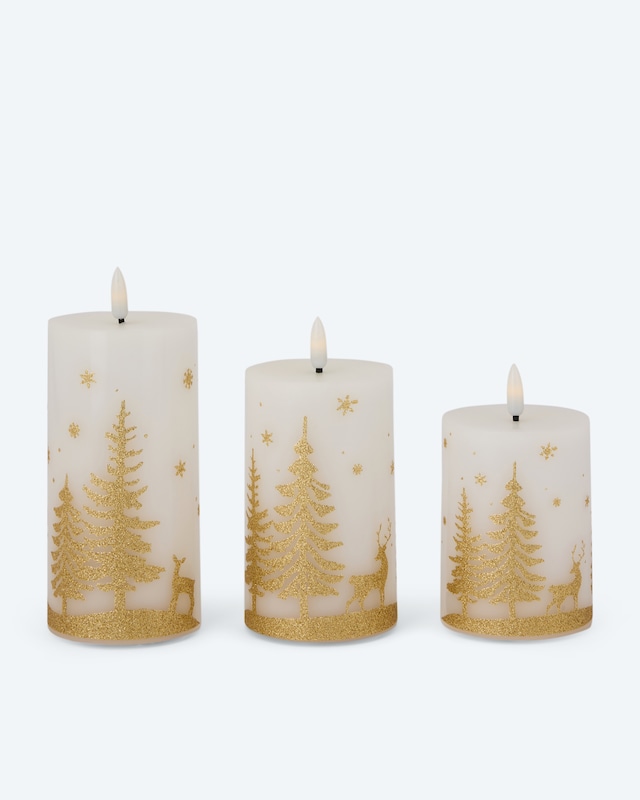 LED-Stumpenkerzen mit Glitzerwald, 3tlg.