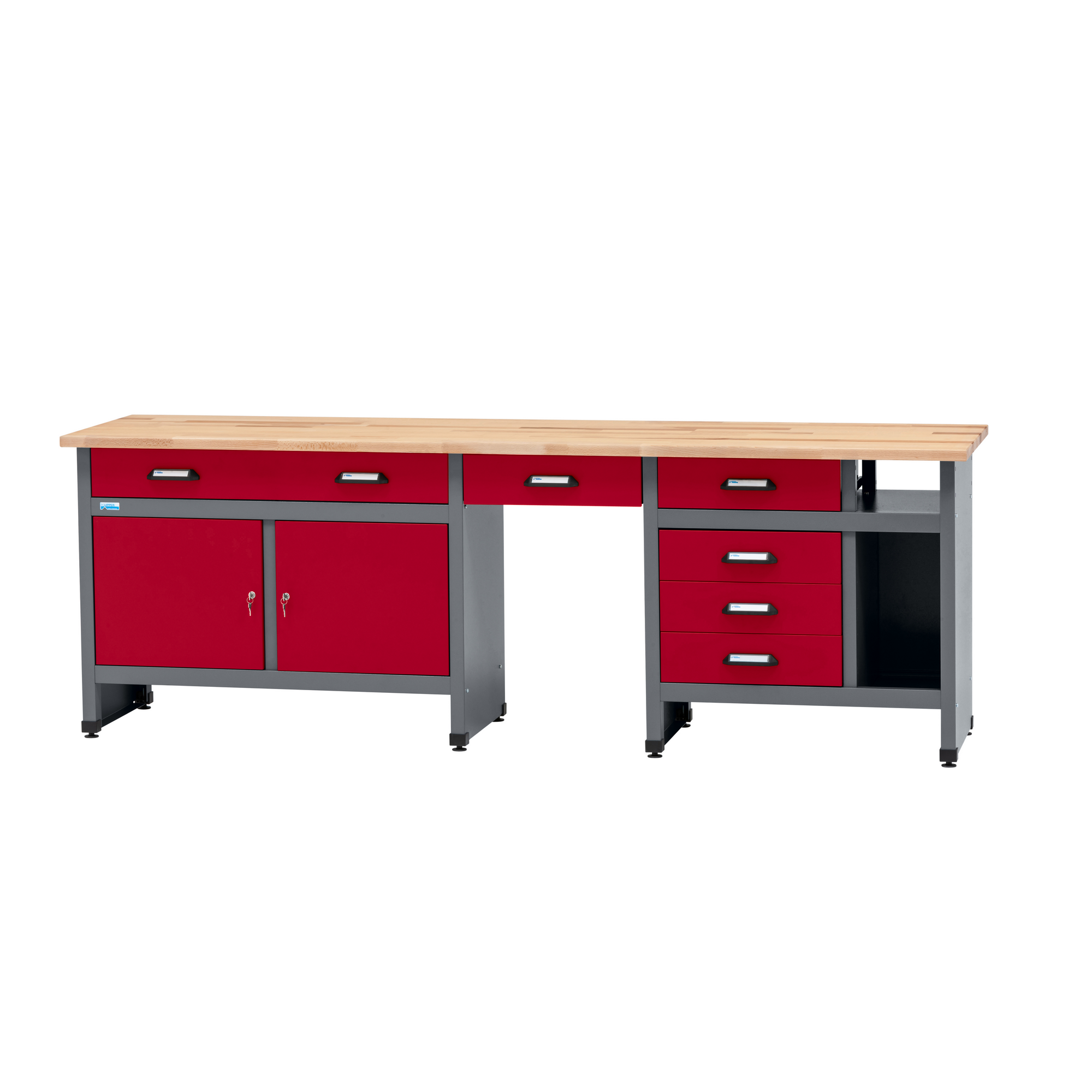 Küpper Werkbank mit 6 Schubladen 2 Türen und Sitzraum dunkelrot 240 x 84 x 60 cm
