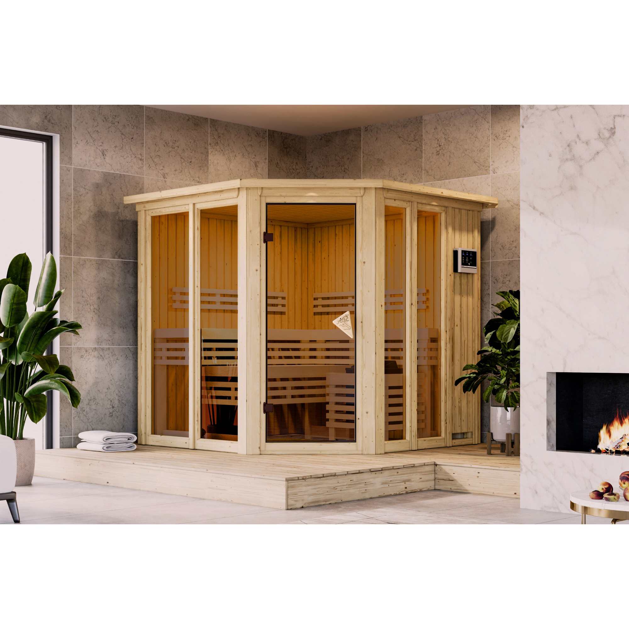 Karibu Sauna 'Airisa' naturbelassen mit Kranz Ofen 9 kW externe Steuerung 196 x 202 x 210 cm