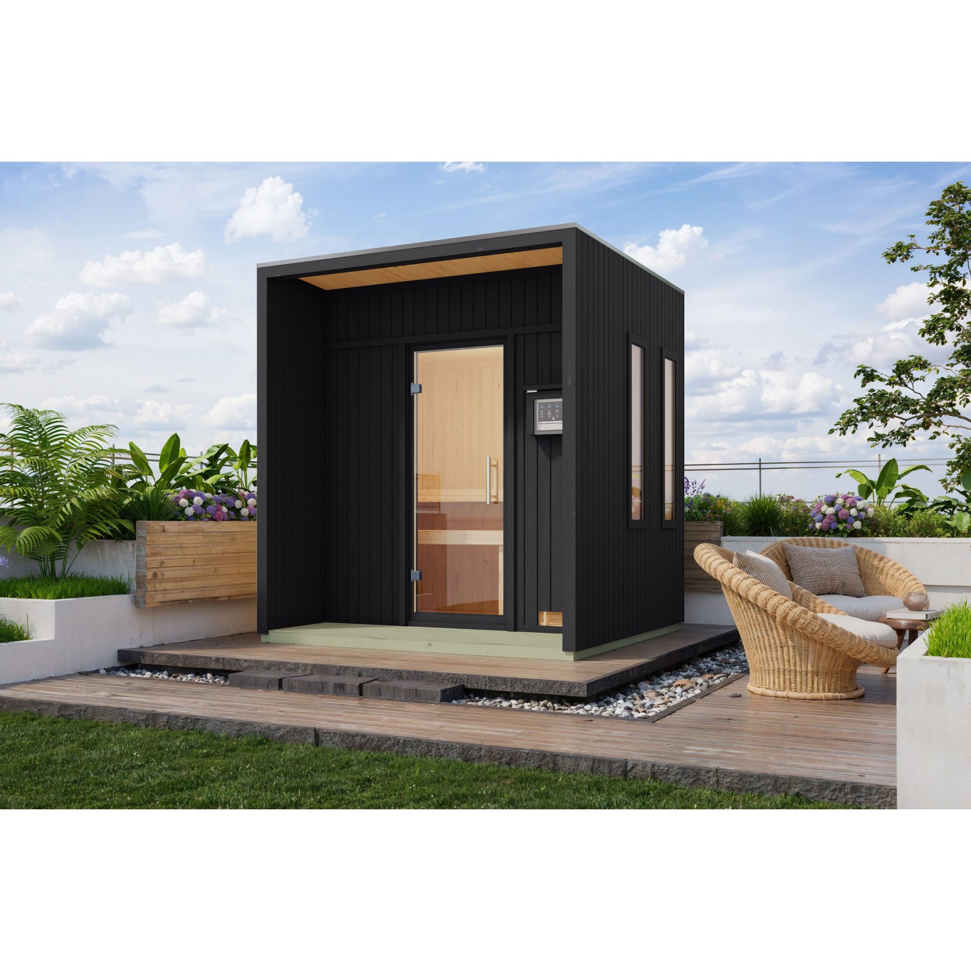 Karibu Saunahaus 'Orcadia' schwarz Ofen 9 kW externe Steuerung 219,5 x 244 x 216,5 cm