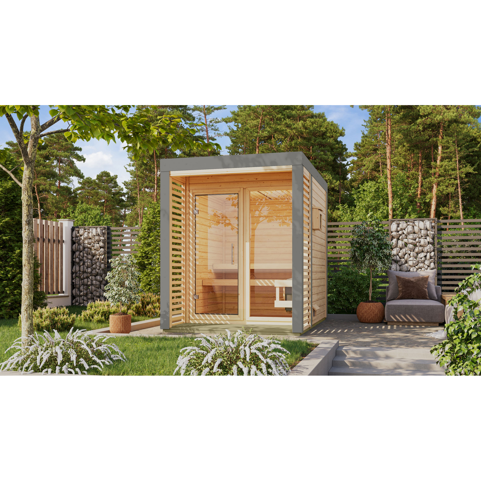 Karibu Saunahaus 'Aressa 1' naturbelassen / graualuminium Ofen 9 kW externe Steuerung 191 x 231,5 x 276 cm