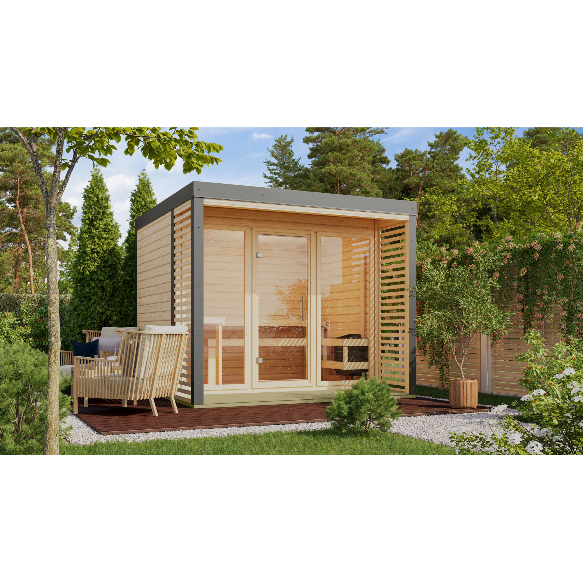 Karibu Saunahaus 'Aressa 3' naturbelassen / graualuminium Ofen 9 kW externe Steuerung 276 x 231,5 x 276 cm