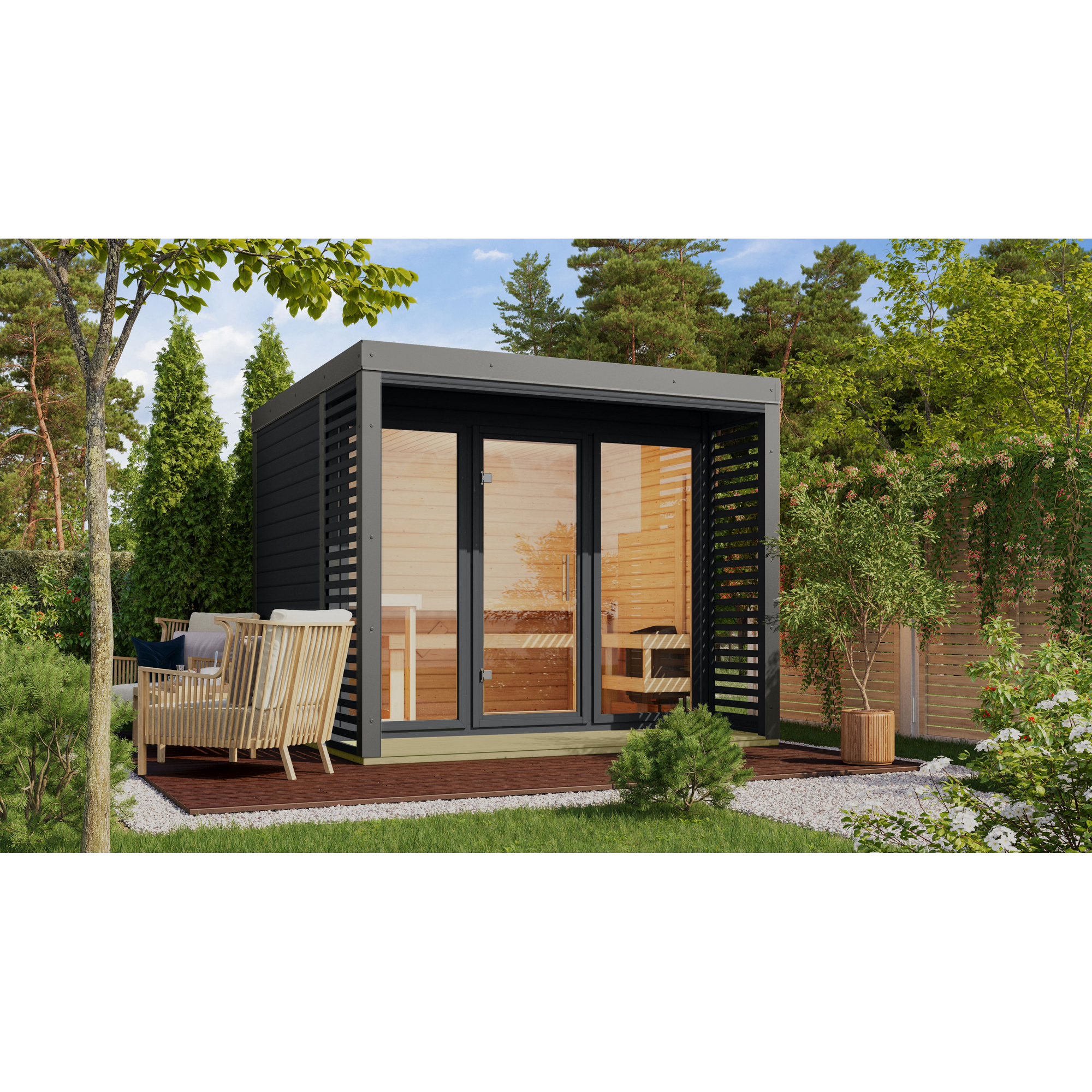 Karibu Saunahaus 'Aressa 3' anthrazit / graualuminium 276 x 231,5 x 276 cm