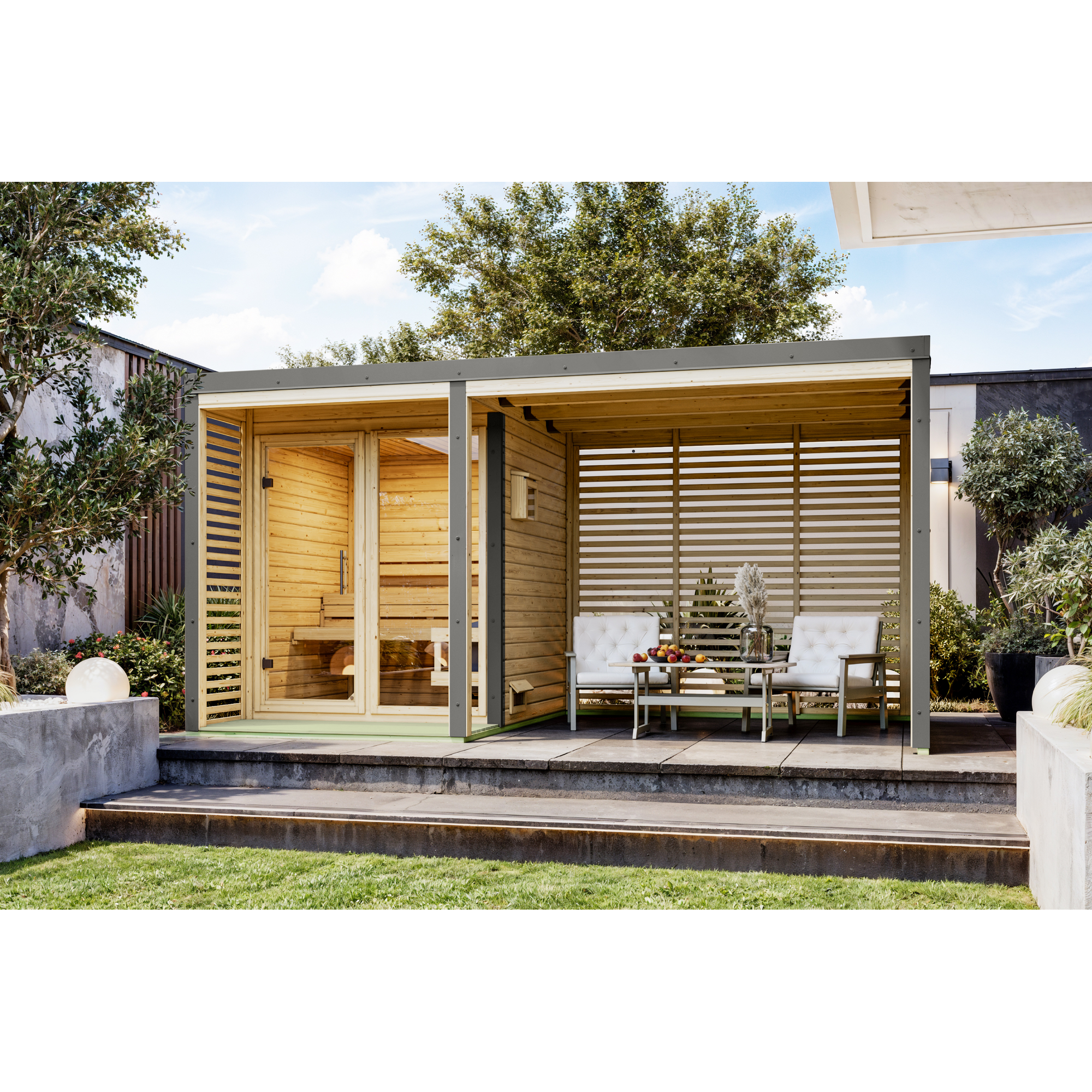 Karibu Anbaudach für Saunahaus 'Aressasa' inklusive Lamellenwänden' naturbelassen graualuminium 269 x 232 x 276 cm