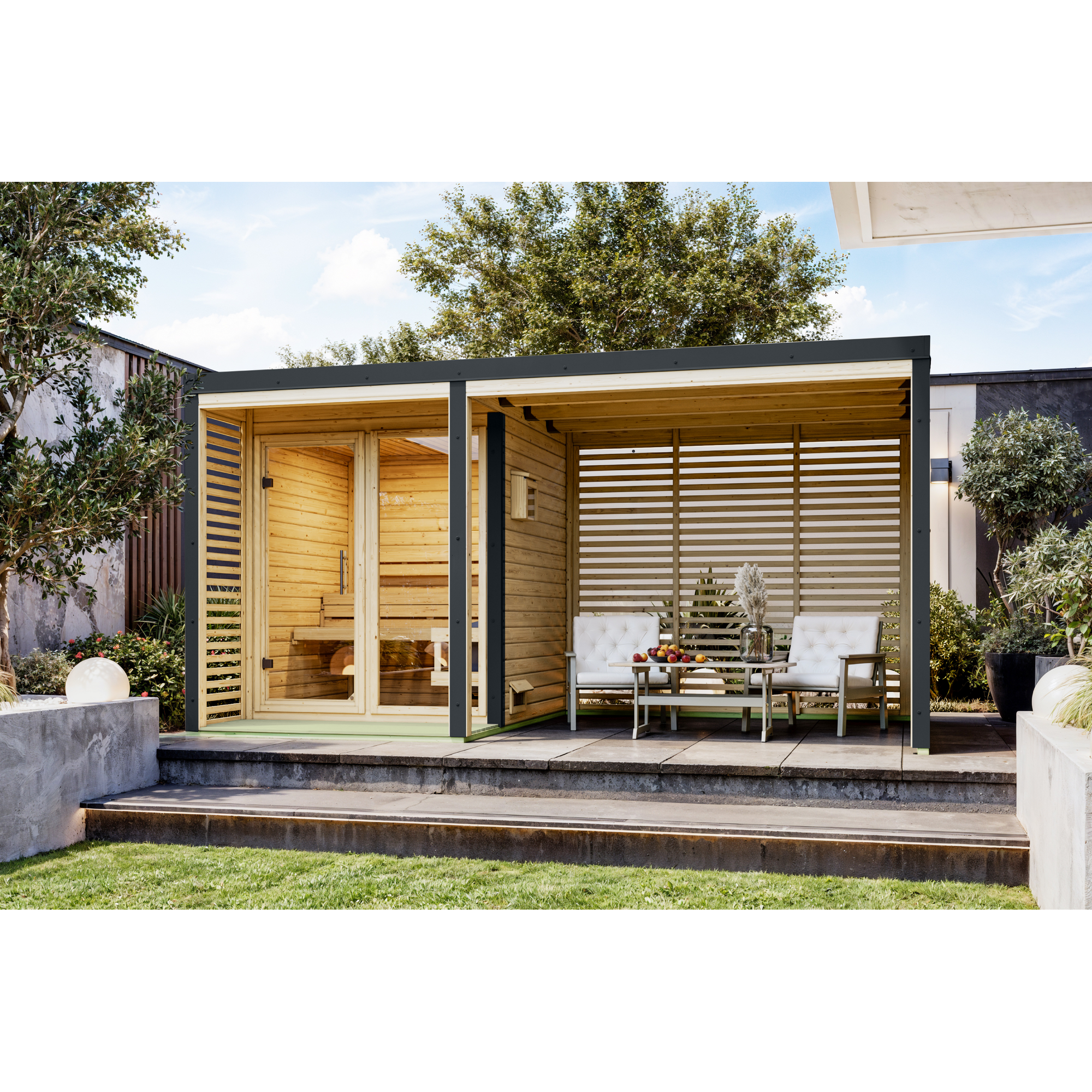 Karibu Anbaudach für Saunahaus 'Aressa' inklusive Lamellenwänden naturbelassen anthrazit 269 x 232 x 276 cm
