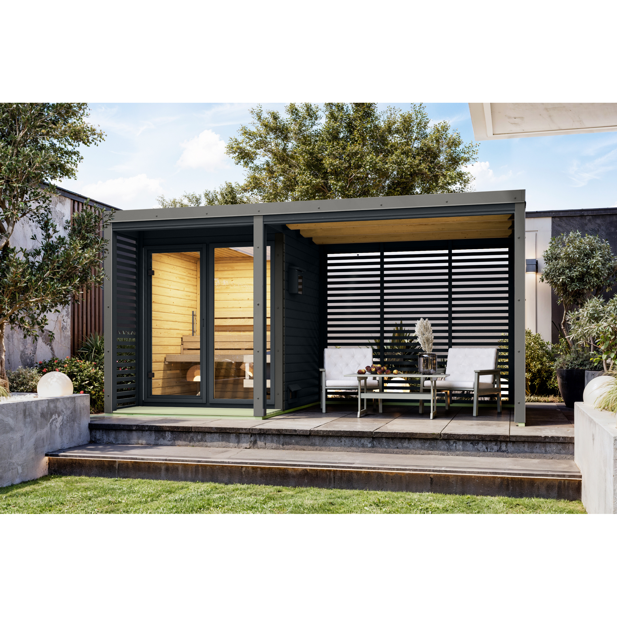 Karibu Anbaudach für Saunahaus 'Aressa' inklusive Lamellenwänden anthrazit / graualuminium 269 x 232 x 276 cm
