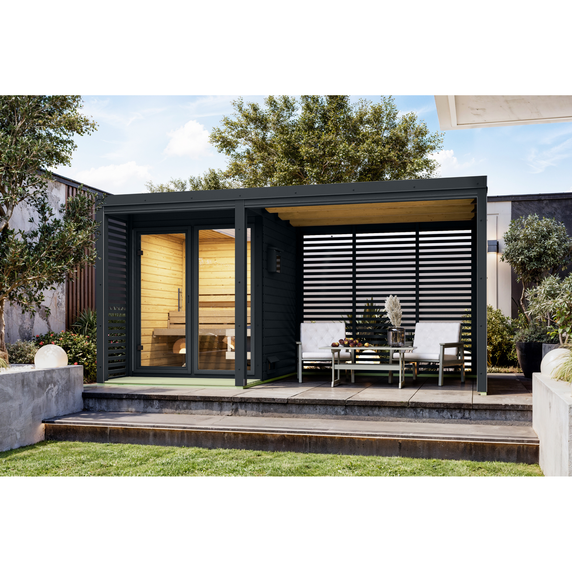 Karibu Anbaudach für Saunahaus 'Aressa' inklusive Lamellenwänden anthrazit / anthrazit 269 x 232 x 276 cm