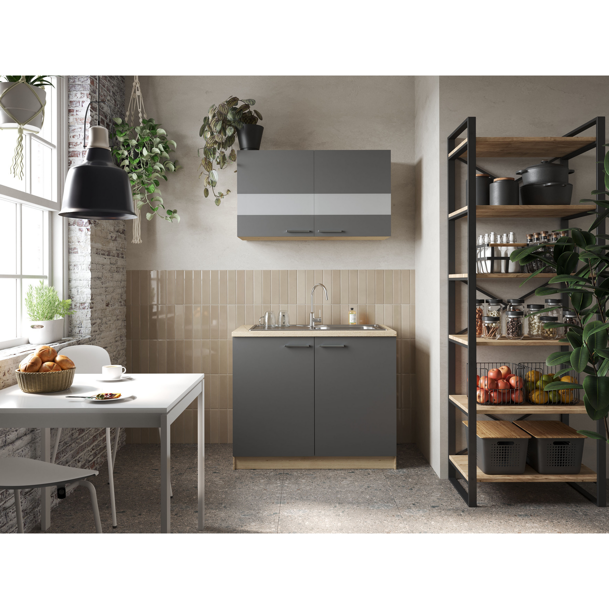 Respekta Küchenmöbel-Set 'Merle 1' grau/eichefarben mit Spüle 100 cm