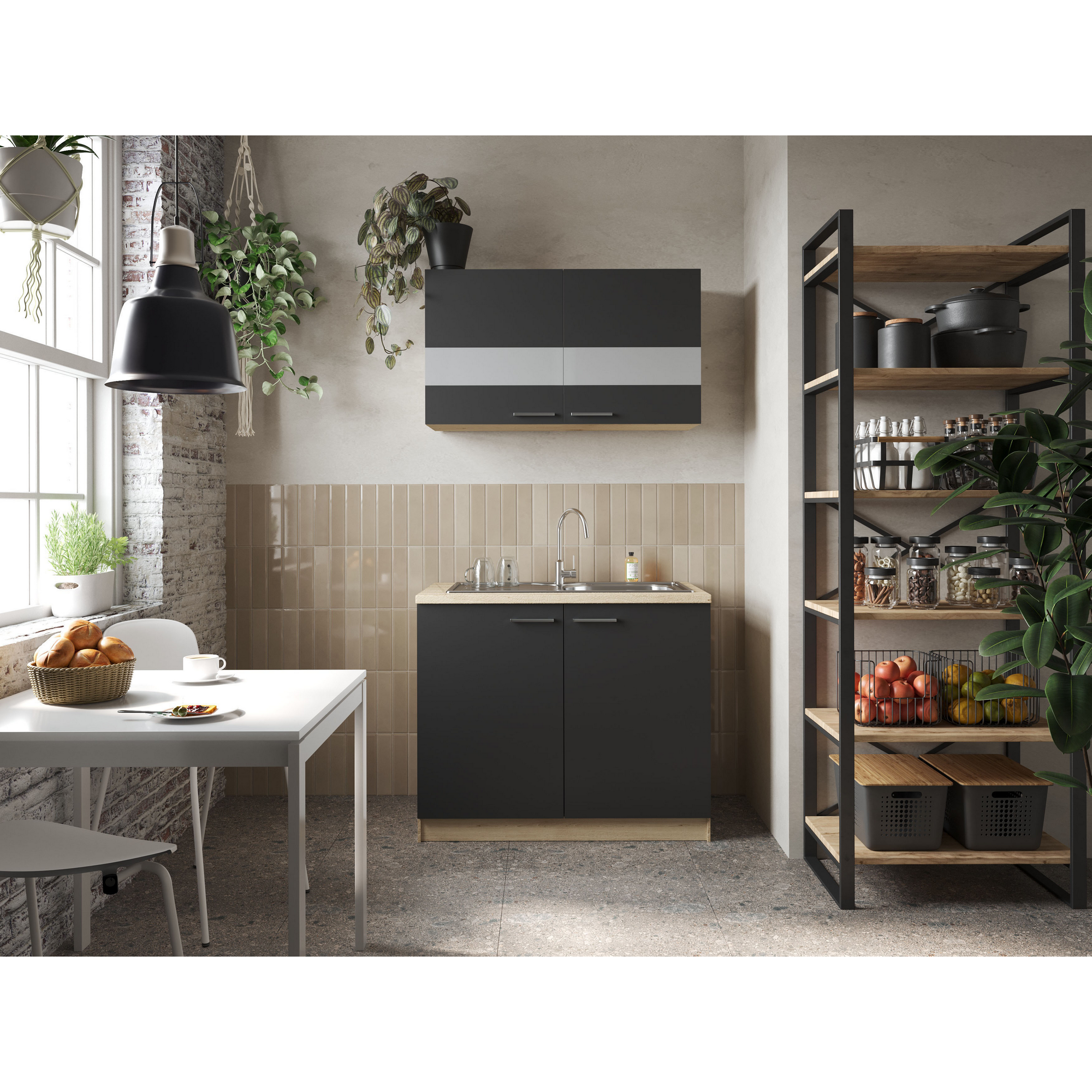 Respekta Küchenmöbel-Set 'Merle 1' schwarz/eichefarben mit Spüle 100 cm