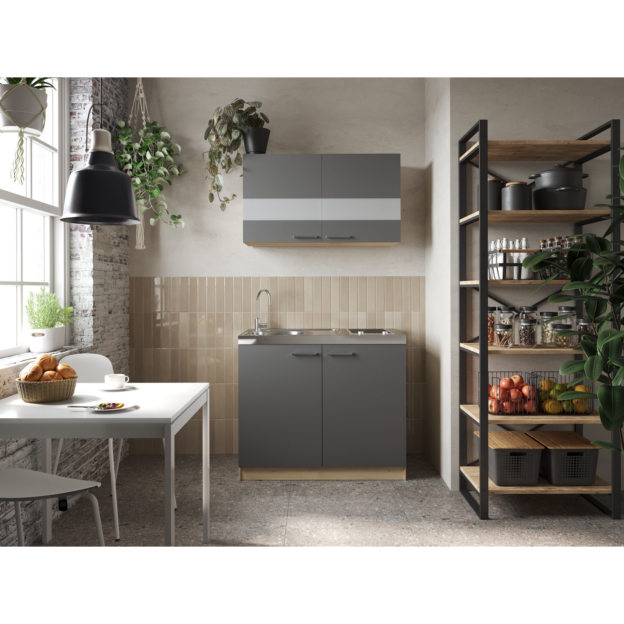Respekta Küchenmöbel-Set 'Merle 3' grau/eichefarben mit Spüle und Glaskeramikkochfeld 100 cm