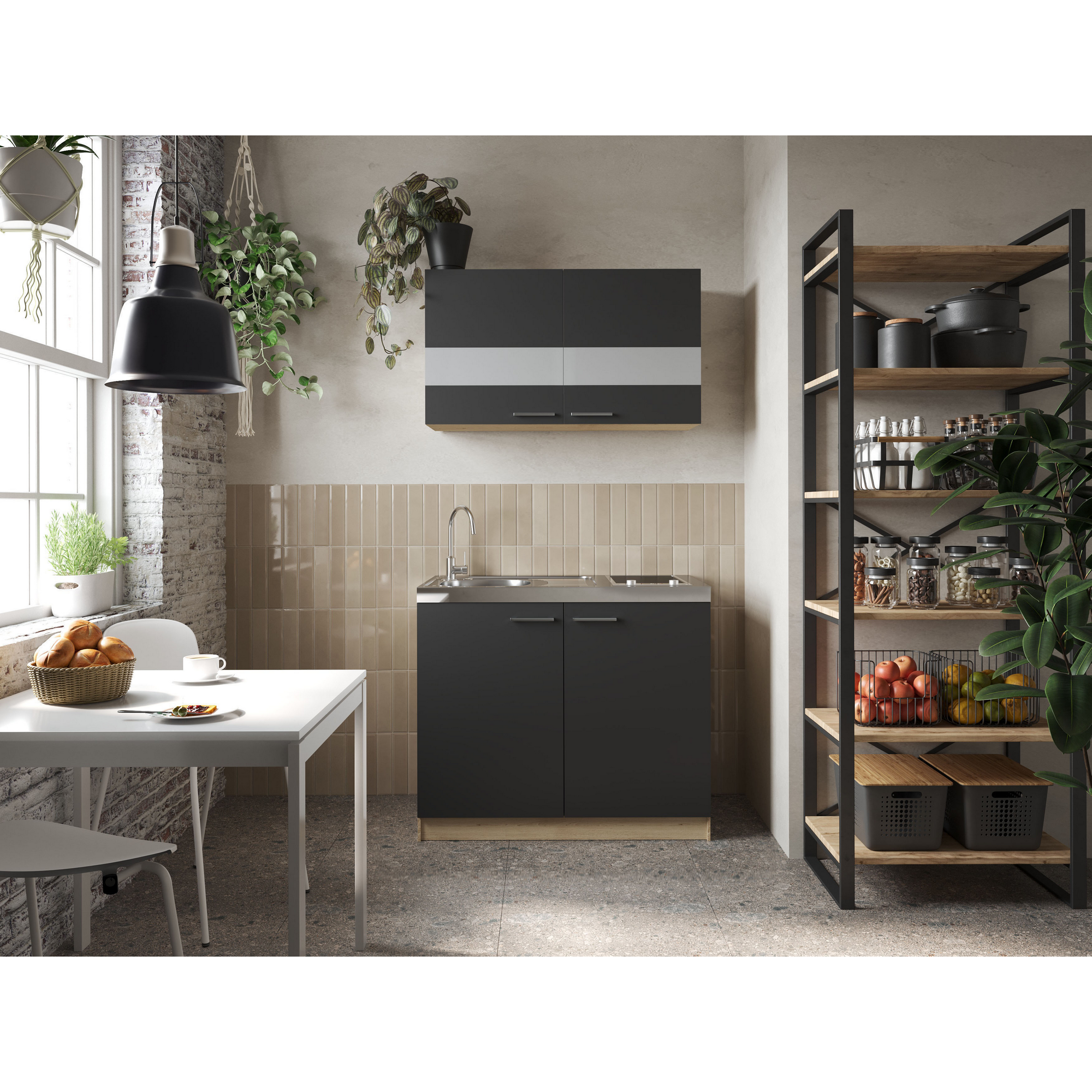 Respekta Küchenmöbel-Set 'Merle 3' schwarz/eichefarben mit Spüle und Glaskeramikkochfeld 100 cm