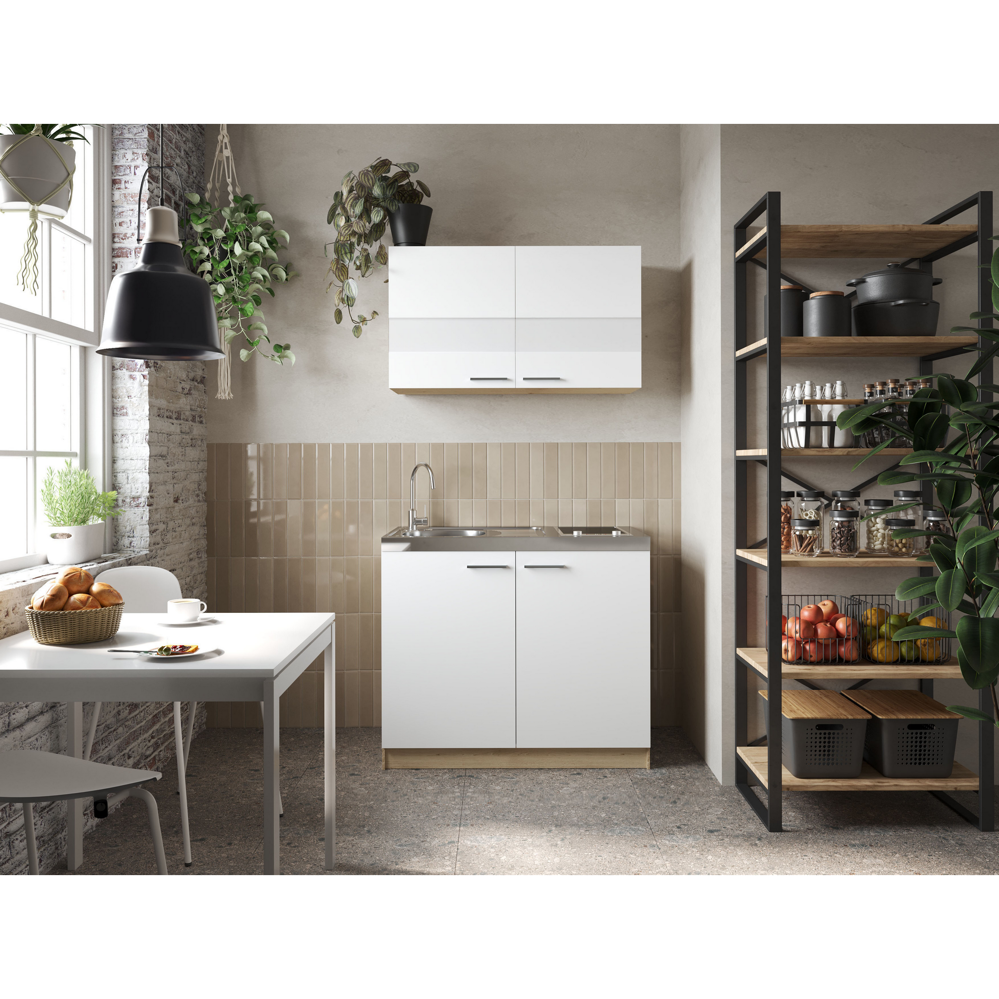 Respekta Küchenmöbel-Set 'Merle 3' weiß/eichefarben mit Spüle und Glaskeramikkochfeld 100 cm