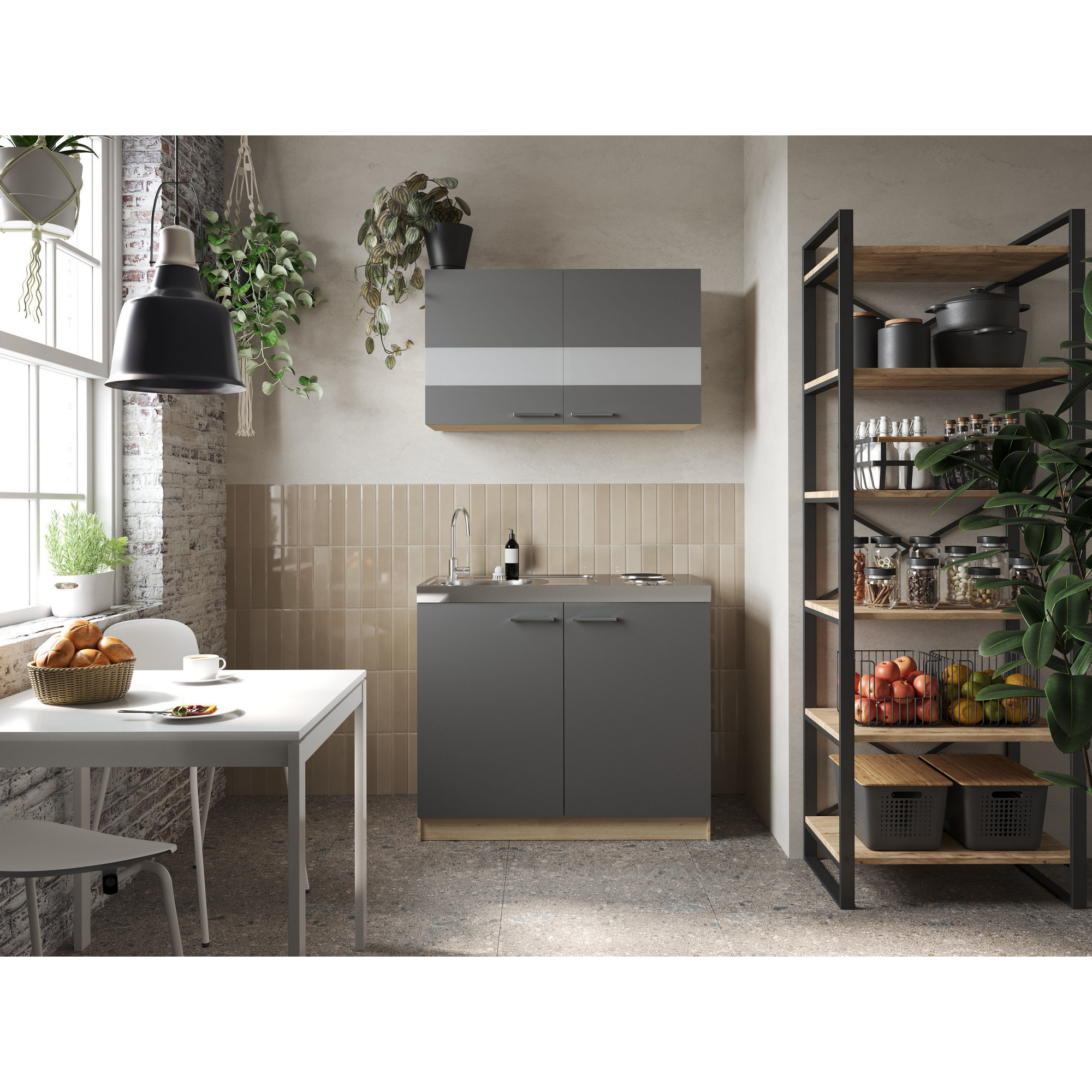 Respekta Küchenmöbel-Set 'Merle 5' grau/eichefarben mit Spüle und Edelstahlkochmulde 100 cm