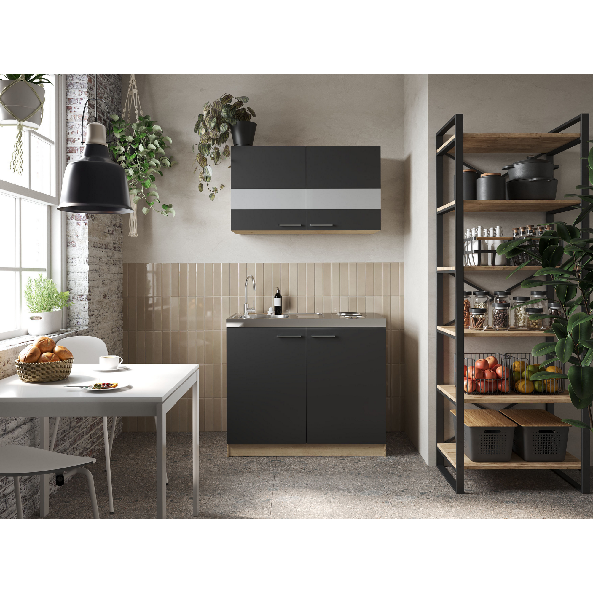 Respekta Küchenmöbel-Set 'Merle 5' schwarz/eichefarben mit Spüle und Edelstahlkochmulde 100 cm