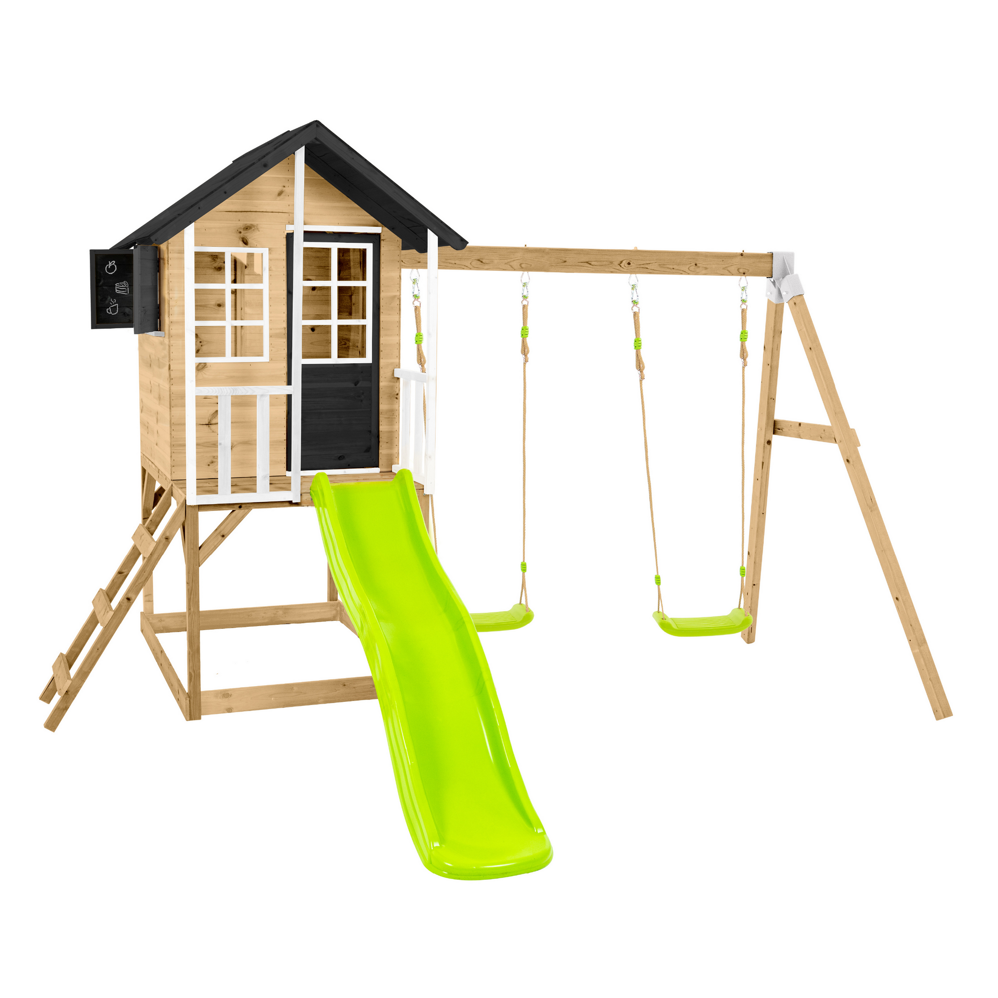 Spielhaus 'Holli 3' naturfarben mit Rutsche und Doppelschaukel 370 x 352 x 224 cm