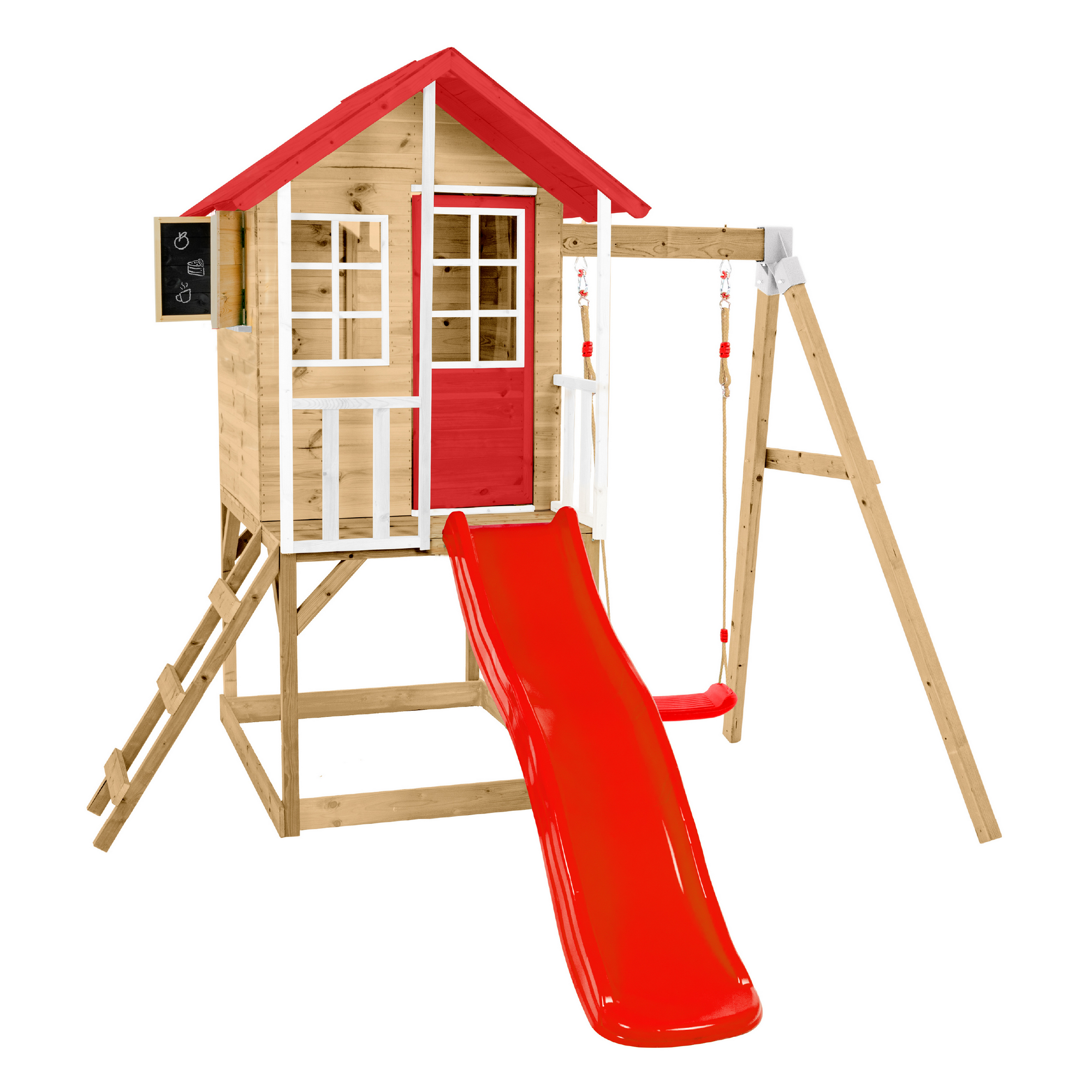 Spielhaus 'Lolla 2' naturfarben/rot mit Rutsche und Schaukel 352 x 280 x 224 cm