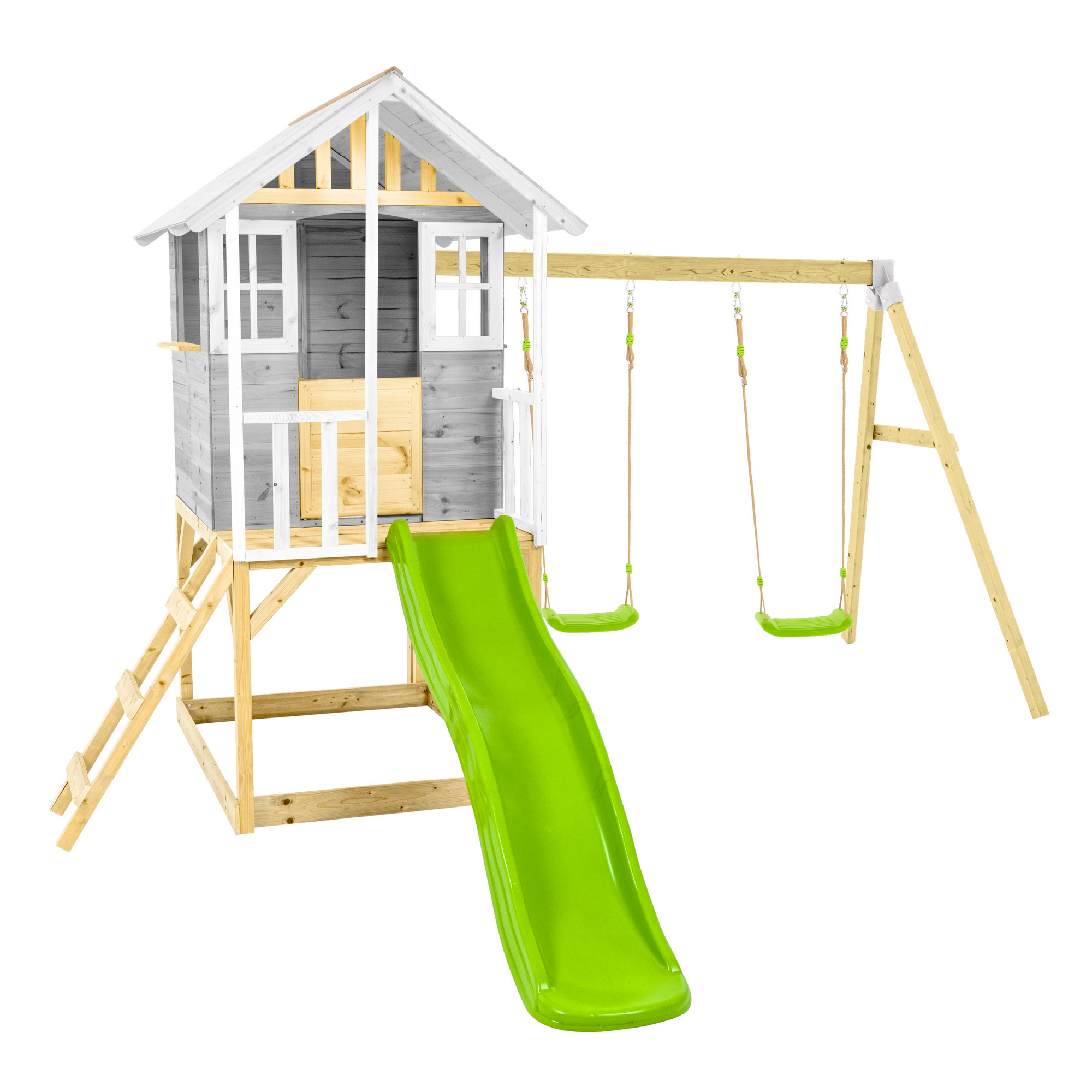 Spielhaus 'Valli 3' grau/weiß mit Rutsche und Doppelschaukel 352 x 370 x 224 cm