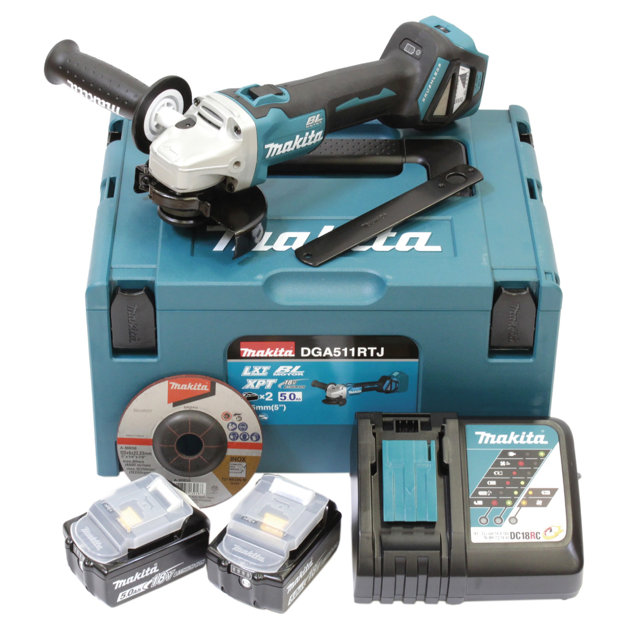 Makita Akku-Winkelschleifer 'DGA511RTJ' mit 2 Akkus, in Transportkoffer, 18 V
