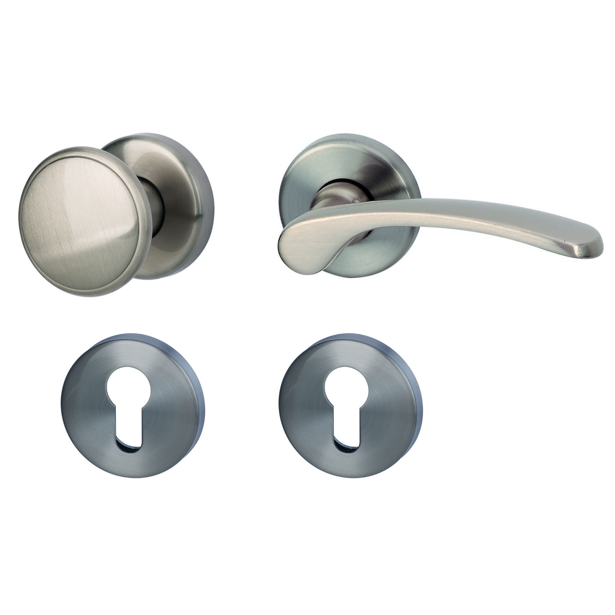 Alpertec Rosettengarnitur 'Amos' PZ, Messing edelstahlfarben satiniert, Knopf und Drücker, rechts