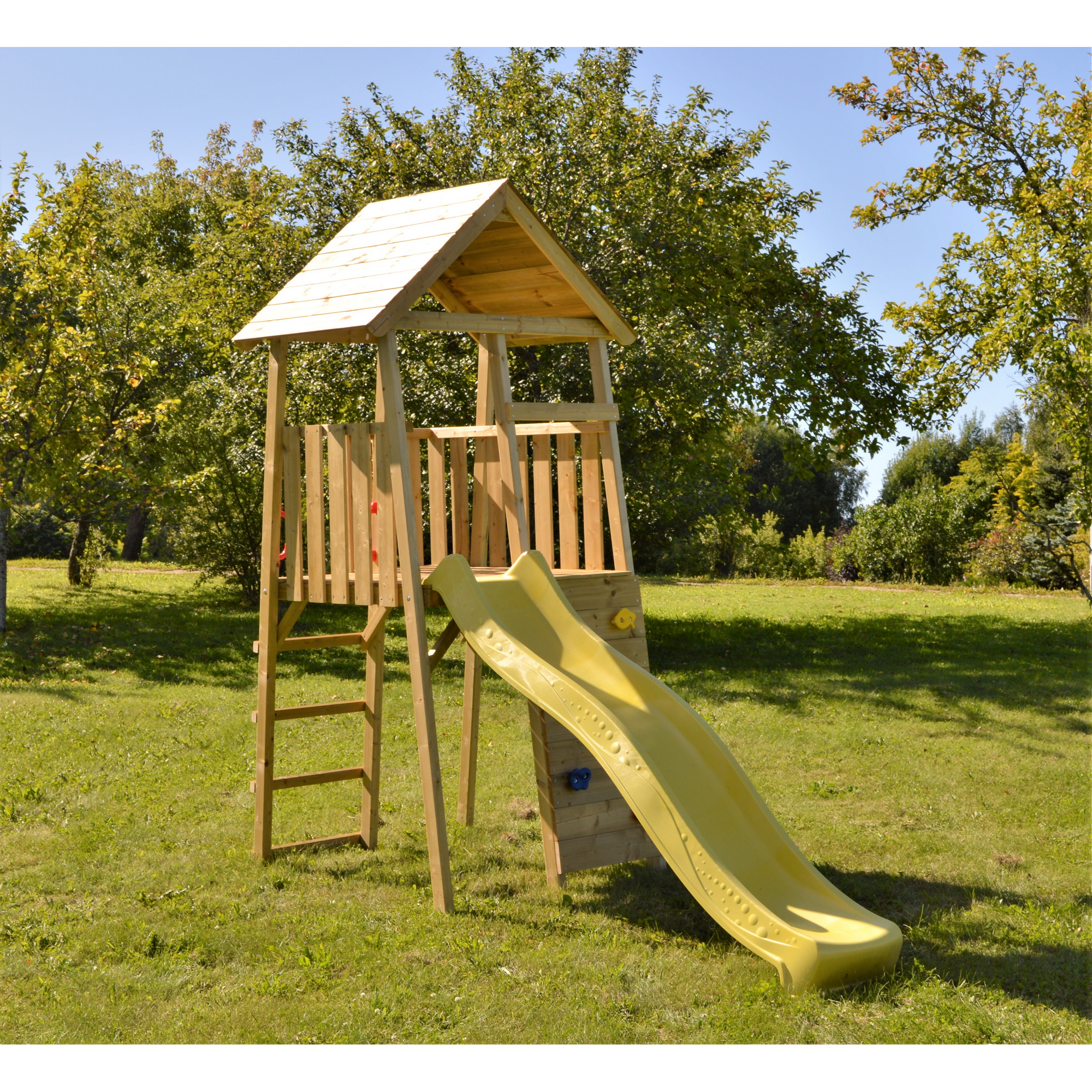 Wendi Toys Holz-Spielturm 'Falke' natur Rutsche und Kletterwand 280 x 110 x 270 cm