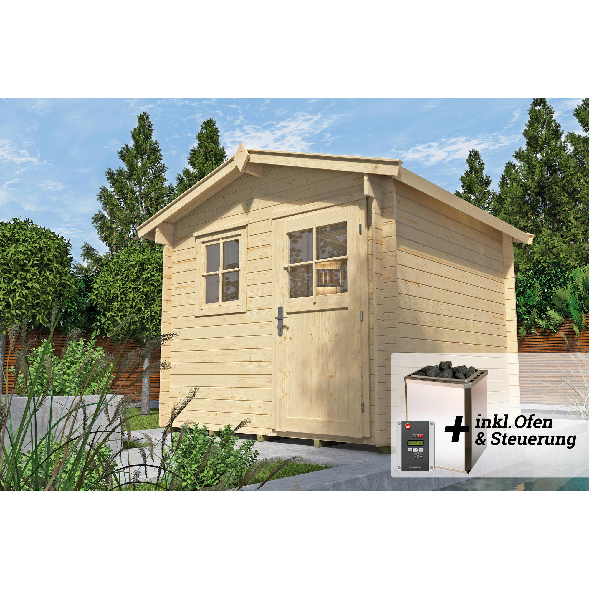 Weka Saunahaus 'Mikkeli' natur mit 7,5 kW OS-Ofenset, digitaler Steuerung 250 x 250 x 255 cm