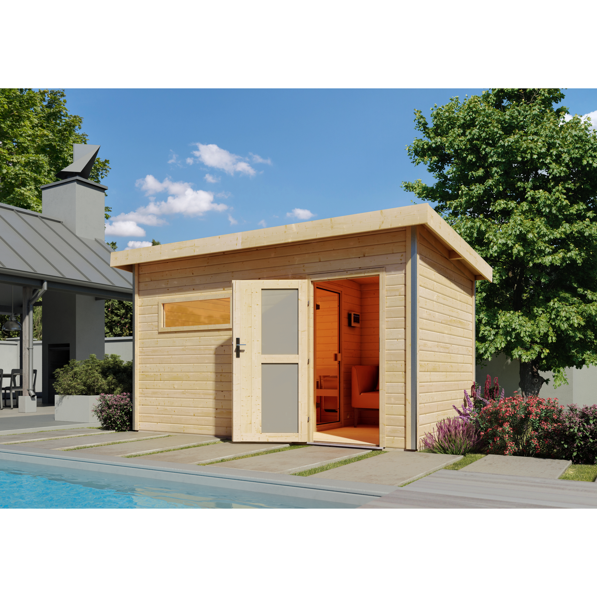 Woodfeeling Massivholzsauna 'Skrollan 3' mit Vorraum und Bio-Ofen natur 396 x 227 x 231 cm, 9 kW