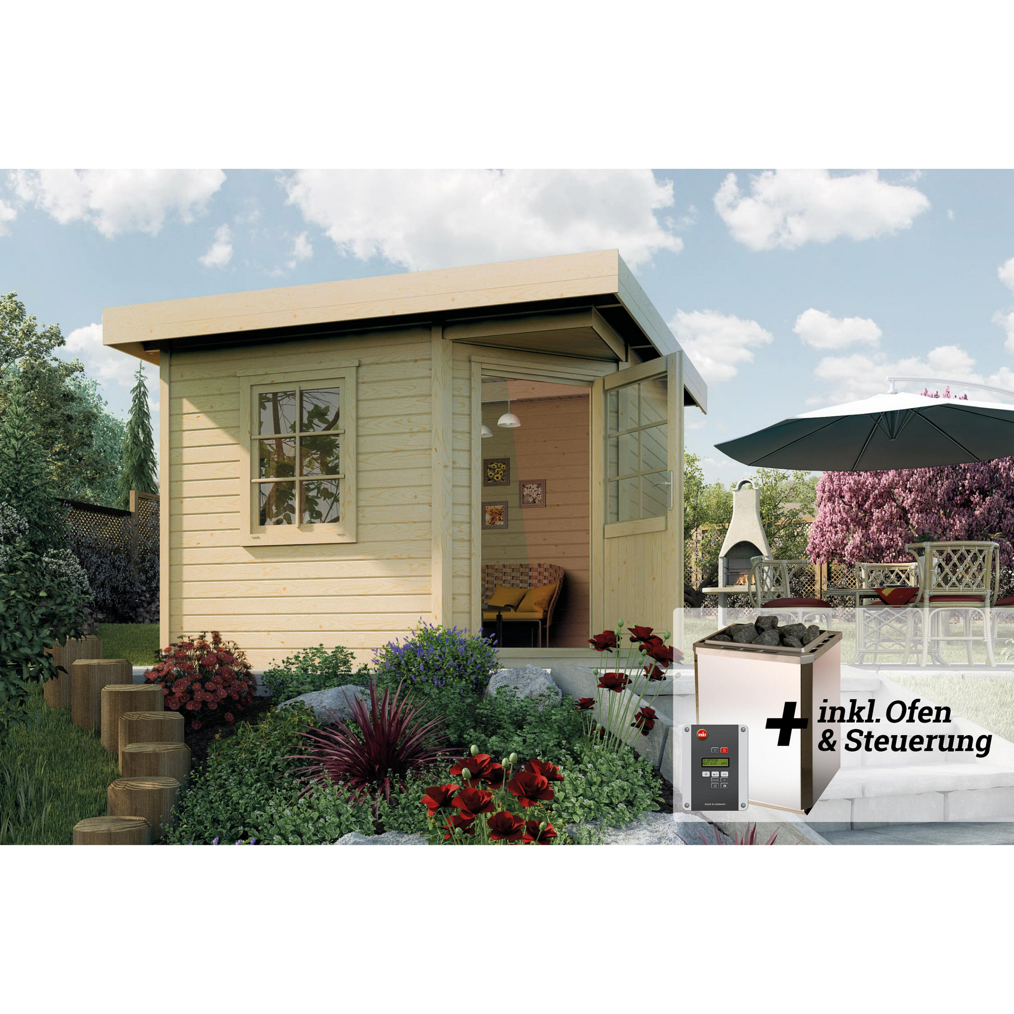 Weka Saunahaus 'Salo 1' natur mit Sauna Varberg 3 und 7,5 kW BioS-Ofenset, Steuerung 298 x 298 x 237 cm