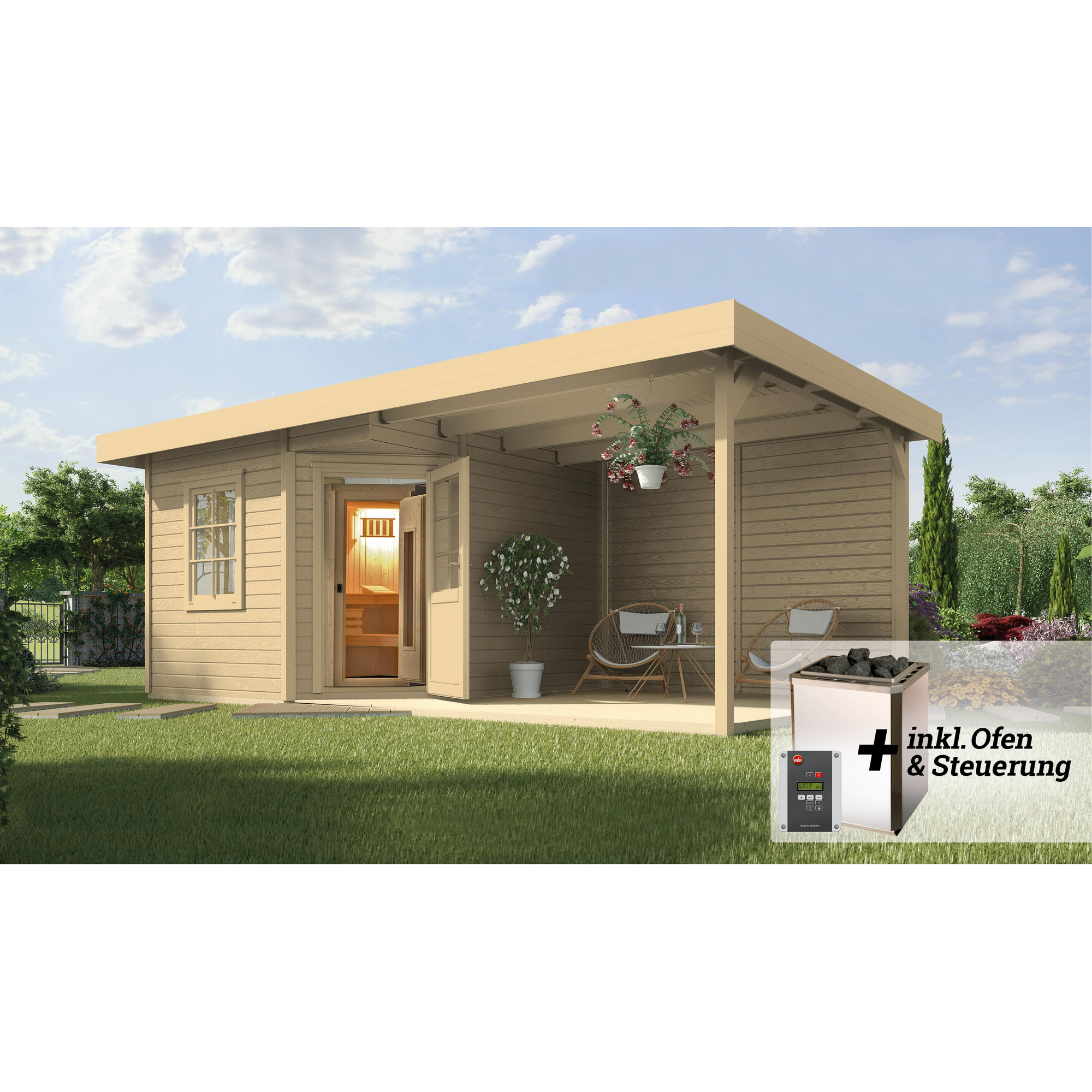 Weka Saunahaus 'Salo 2' natur mit Sauna Varberg 3 und 7,5 kW BioS-Ofenset, Steuerung 601 x 298 x 237 cm
