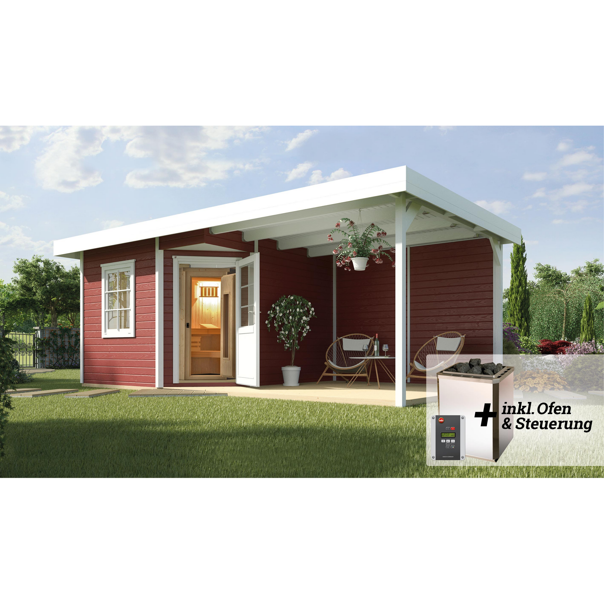 Weka Saunahaus 'Salo 2' rot mit Sauna Varberg 3 und 7,5 kW OS-Ofenset, Steuerung 601 x 298 x 237 cm