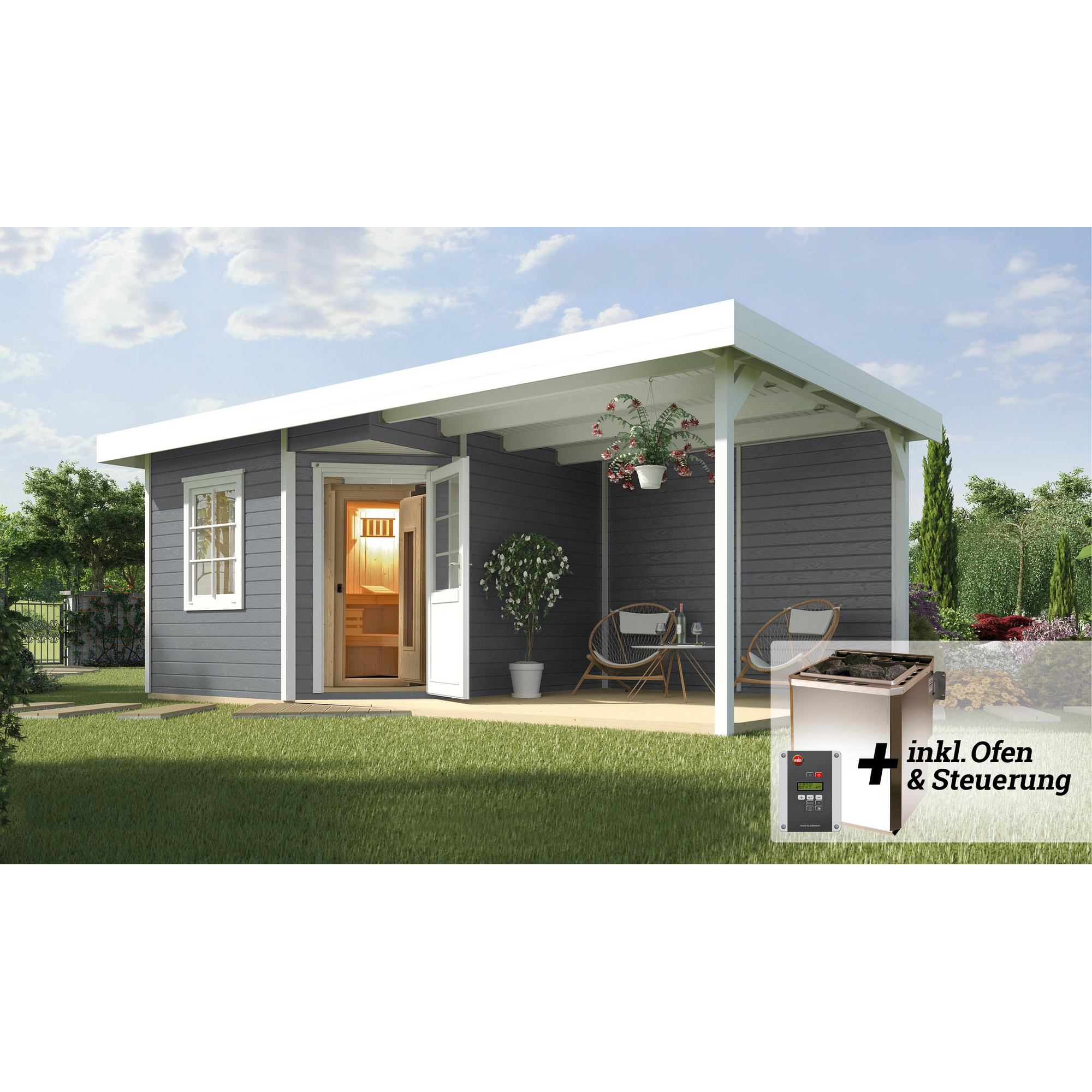Weka Saunahaus 'Salo 2' grau mit Sauna Varberg 3 und 7,5 kW BioS-Ofenset, Steuerung 601 x 298 x 237 cm