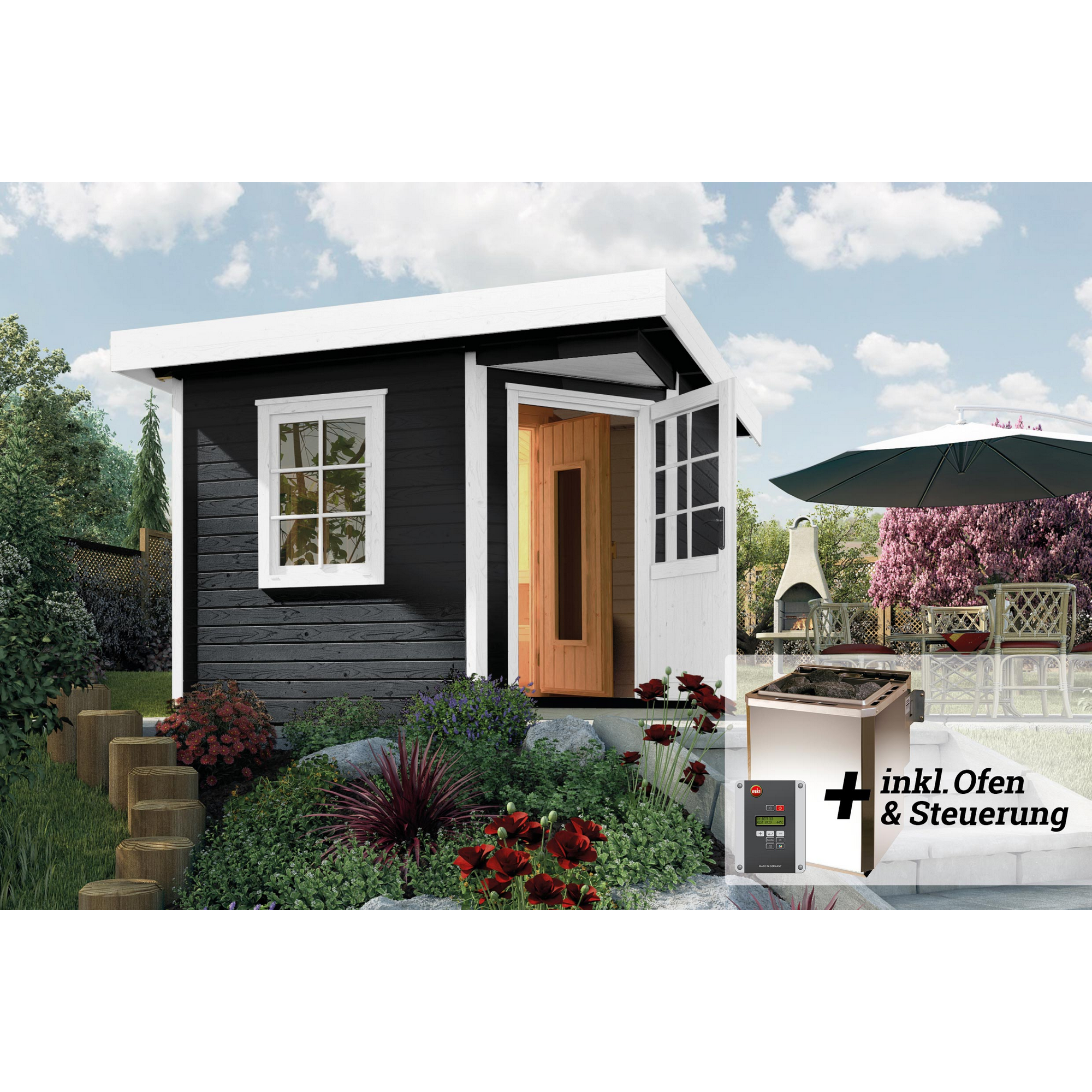 Weka Saunahaus 'Salo 1' anthrazit mit Sauna Varberg 3 und 7,5 kW BioS-Ofenset, digitaler Steuerung 298 x 298 x 237 cm
