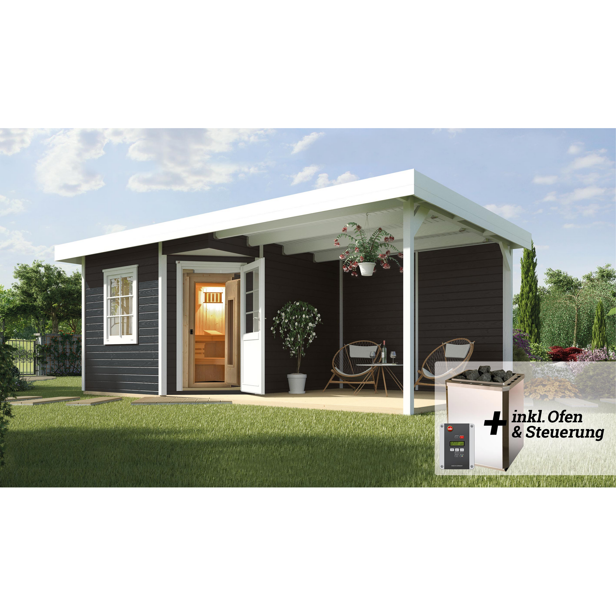 Weka Saunahaus 'Salo 2' anthrazit mit Sauna Varberg 3 und 7,5 kW BioS-Ofenset, Steuerung 601 x 298 x 237 cm