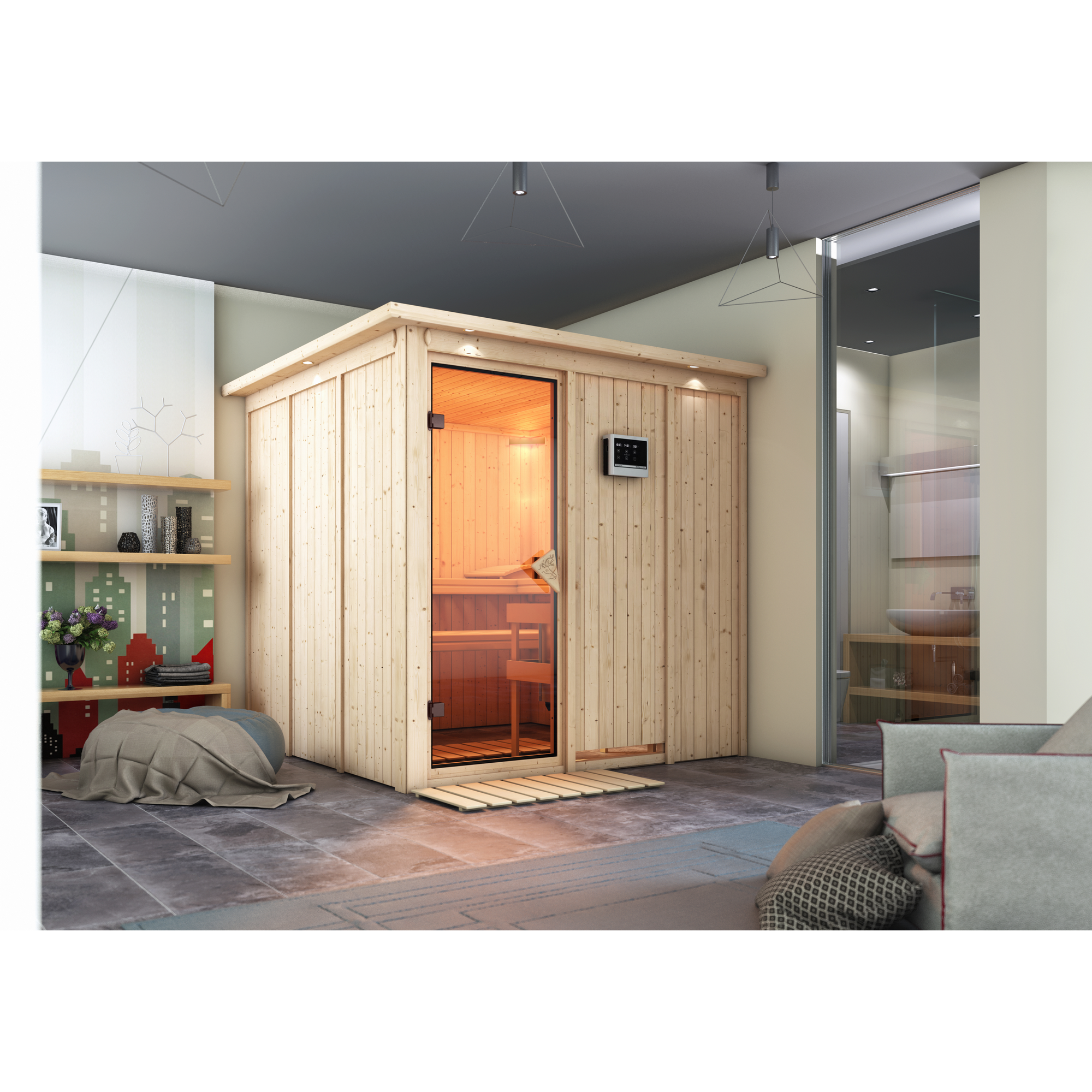 Karibu Elementsauna 'Alesia' naturbelassen mit Kranz 9 kW Ofen Edelstahl externe Steuerung Easy 210 x 210 x 202 cm