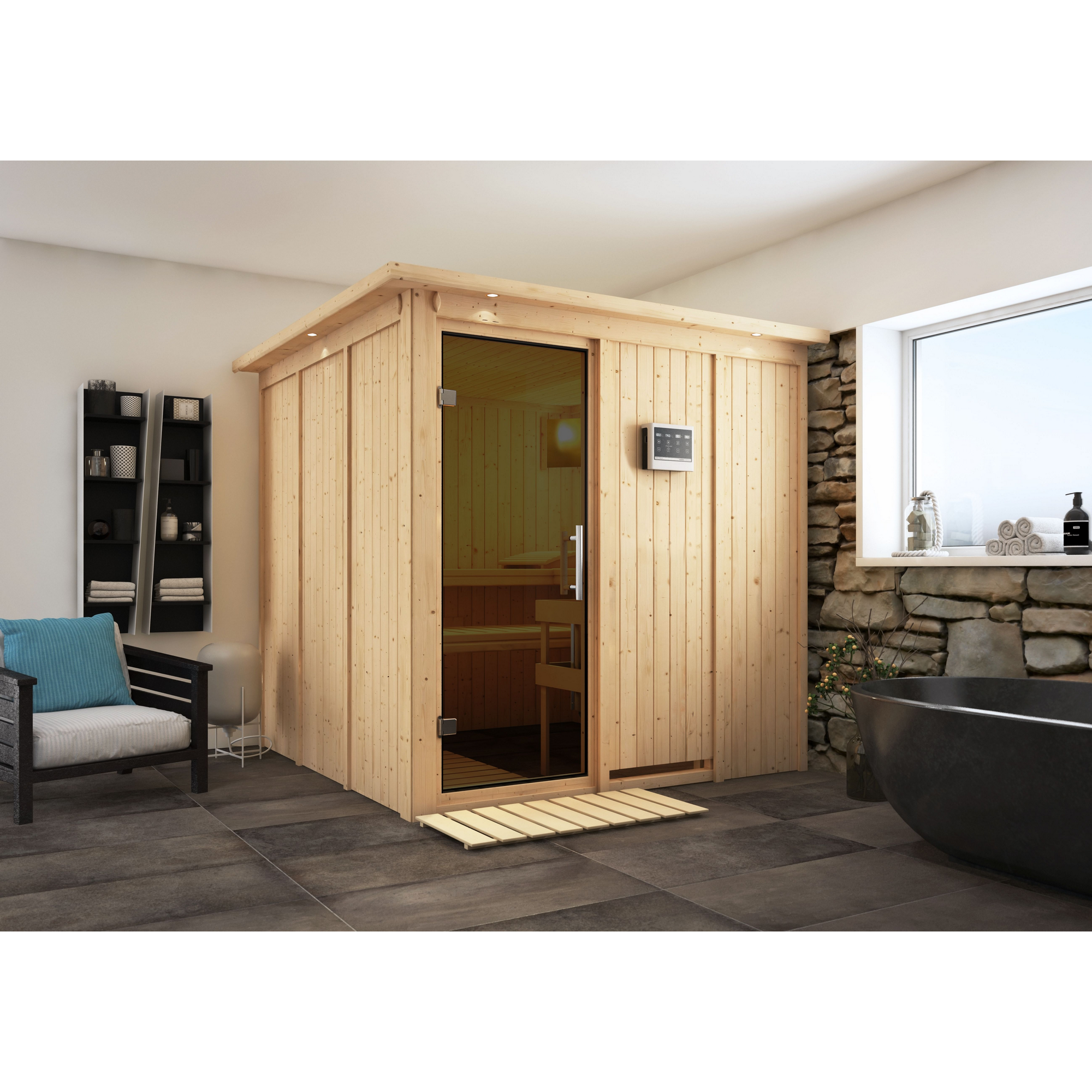 Karibu Elementsauna 'Alesia' naturbelassen mit Kranz und graphitfarbener Tür 9 kW Bio-Ofen externe Steuerung Easy 210 x 210 x 202 cm