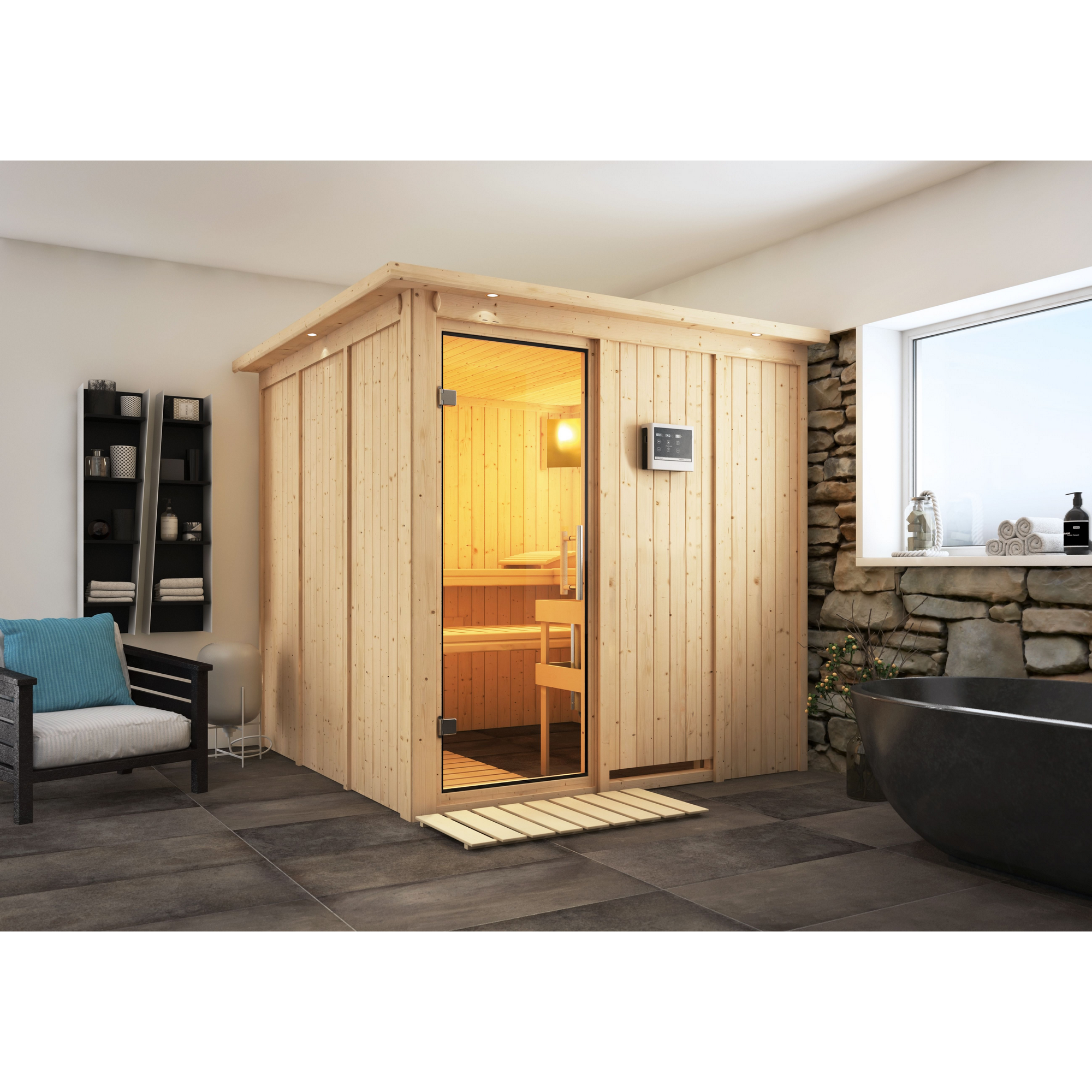 Karibu Elementsauna 'Alesia' naturbelassen mit Kranz und Klarglastür 9 kW Ofen externe Steuerung easy 210 x 210 x 202 cm