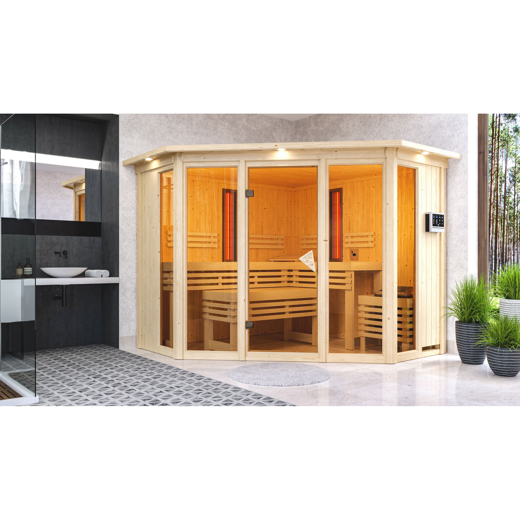 Karibu Infrarotkabine 'Aya' naturbelassen mit Kranz und bronzierter Tür 9 kW Bio-Ofen externe Steuerung 245 x 245 x 202 cm