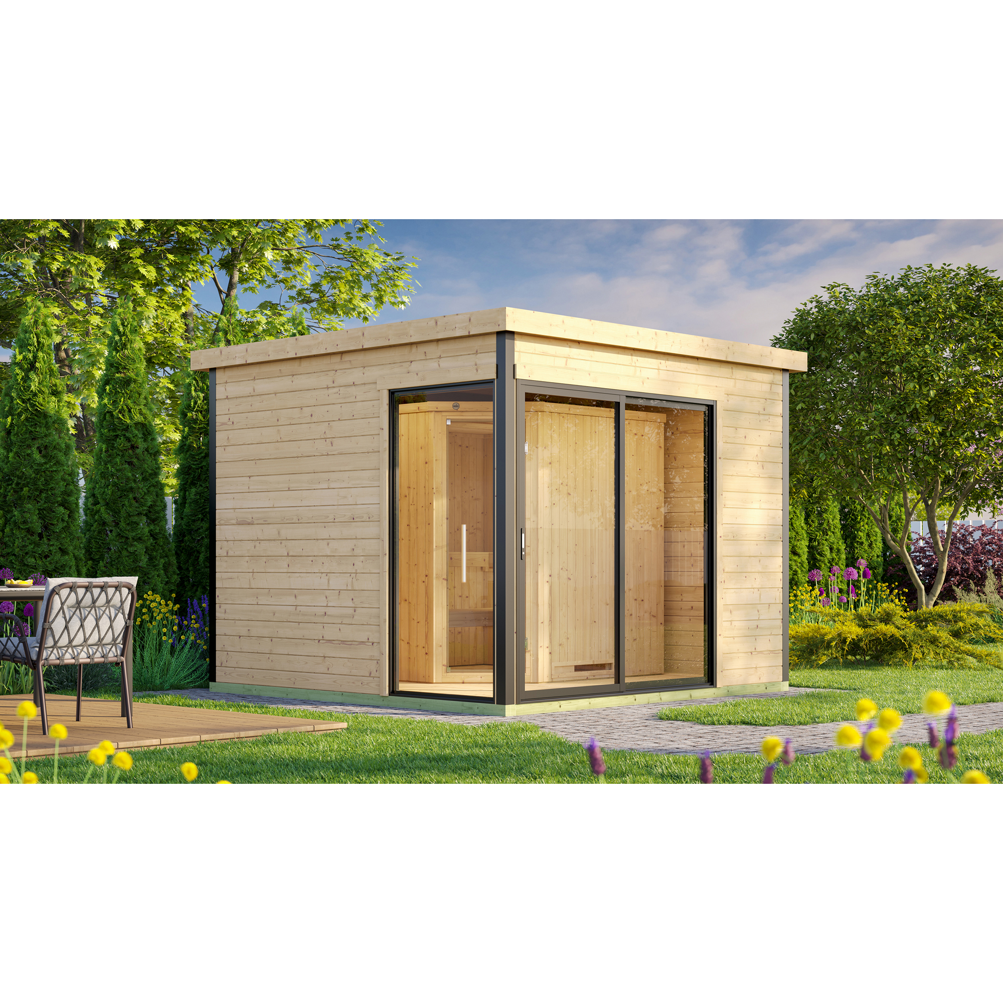 Weka Design-Saunahaus '412' natur mit Sauna Varberg 3, Steuerung 7,5 kW Klassik-Ofen 320 x 320 x 239 cm