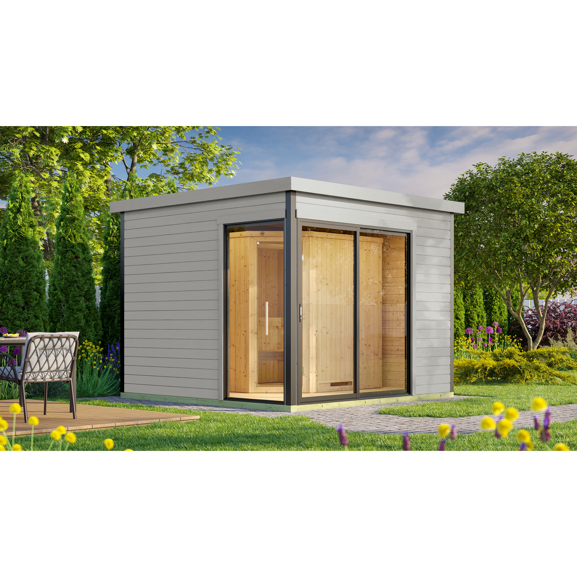 Weka Design-Saunahaus '412' hellgrau mit Sauna Varberg 3, Steuerung 7,5 kW OS-Ofen 320 x 320 x 239 cm