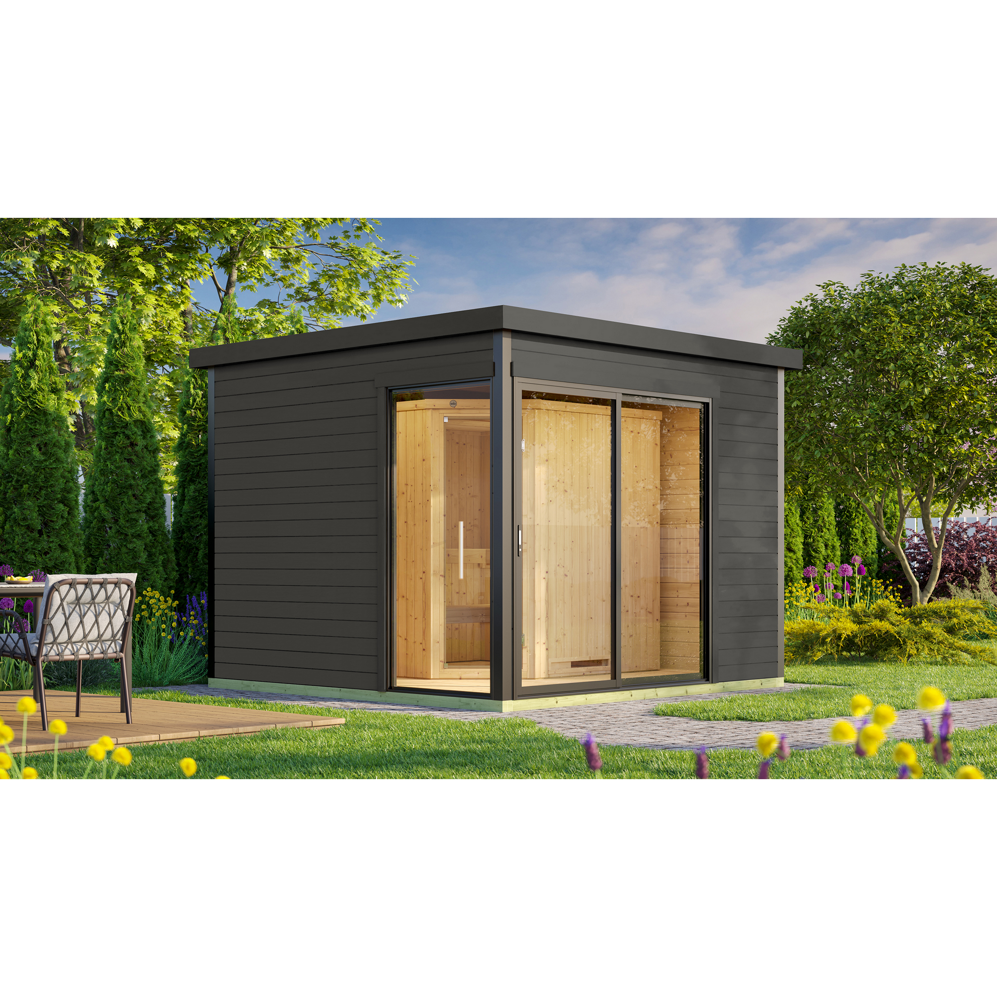 Weka Design-Saunahaus '412' graphitgrau mit Sauna Varberg 3, Steuerung 7,5 kW Klassik-Ofen 320 x 320 x 239 cm