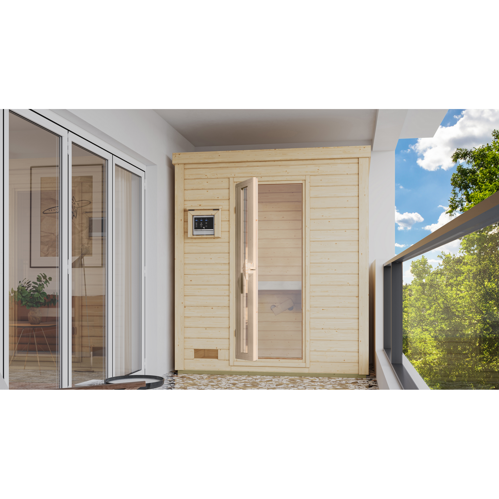 Karibu Saunahaus 'Bosco 0' naturbelassen 9 kW Bio-Ofen externe Steuerung 196 x 113 x 228 cm