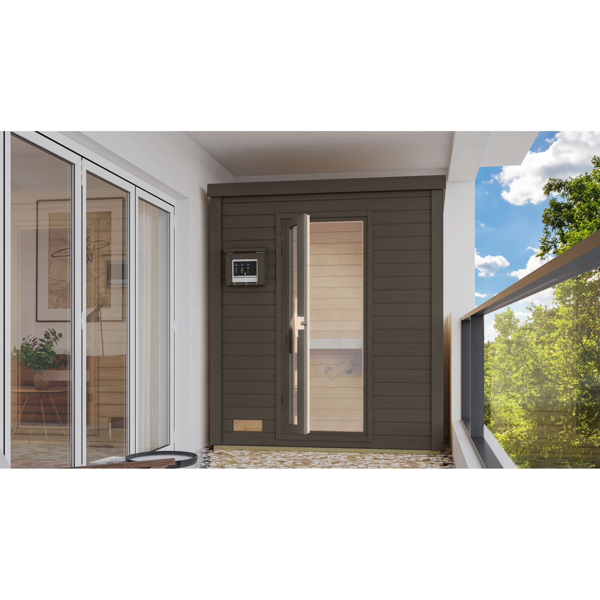 Karibu Saunahaus 'Bosco 0' terragrau 9 kW Bio-Ofen externe Steuerung 196 x 113 x 228 cm