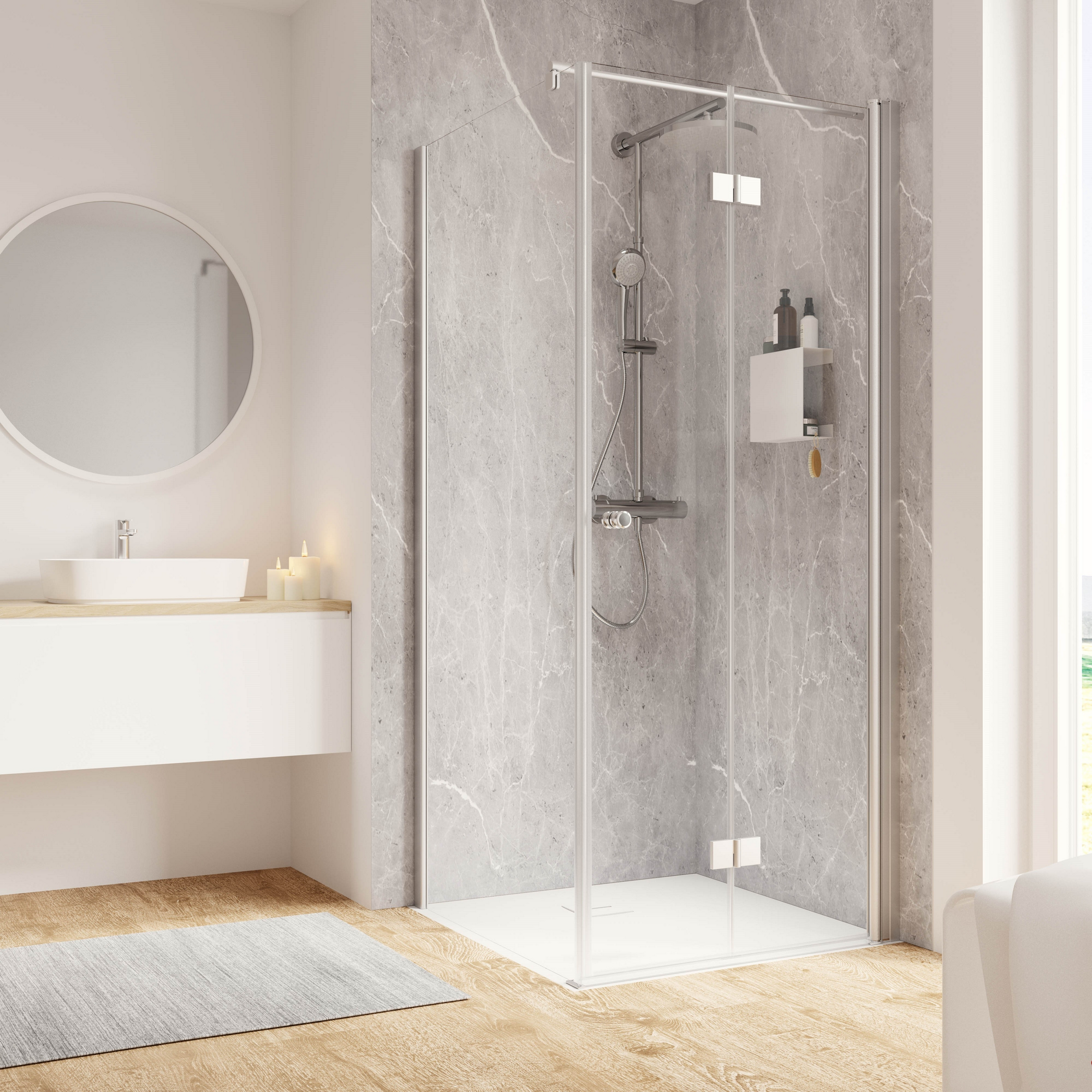 Schulte Drehfalttür mit Seitenwand 'Garant 2.0' Anschlag rechts Alu-Naturfarben für Duschwanneneinbaumaß 875 - 900 / 880 - 900 mm