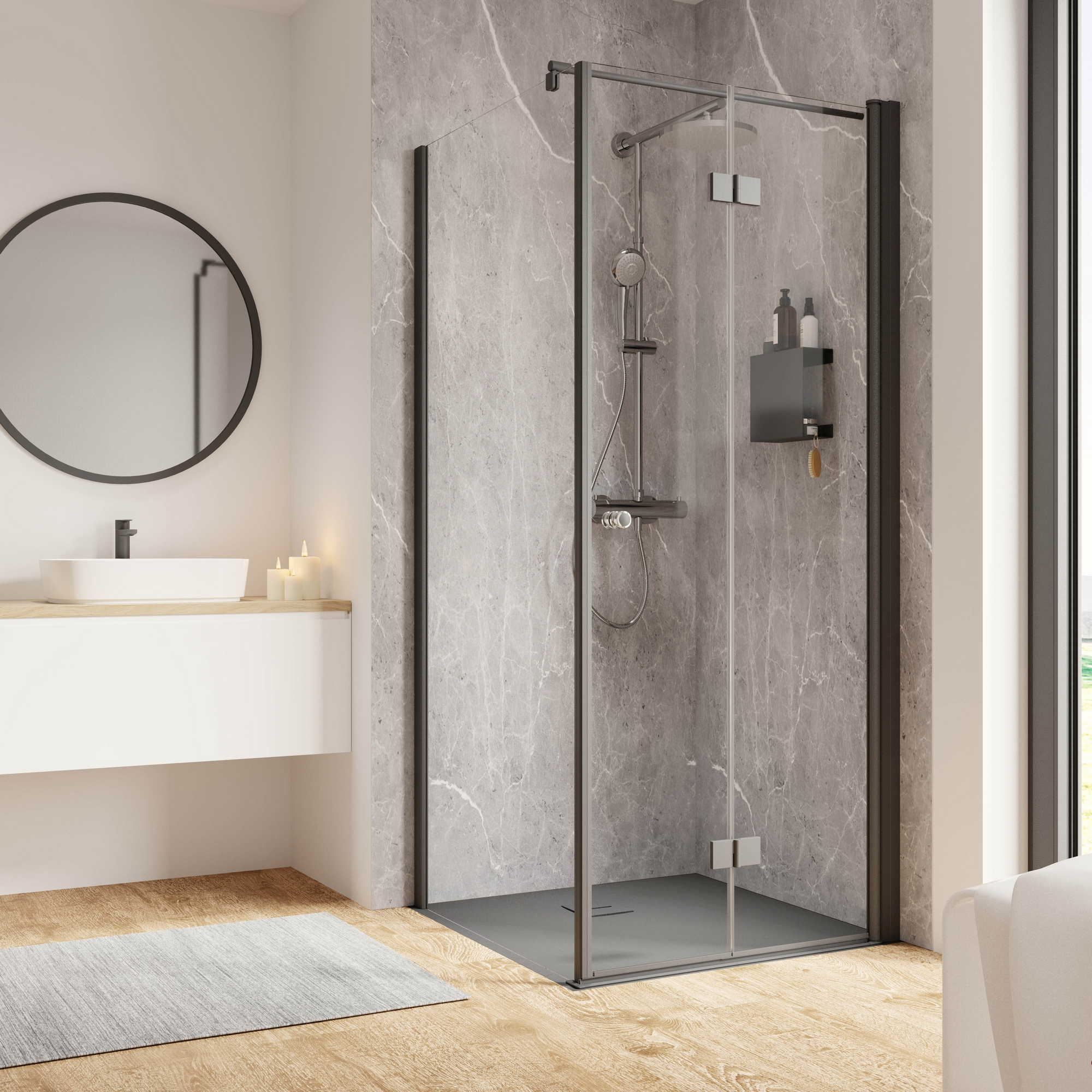 Schulte Drehfalttür mit Seitenwand 'Garant 2.0' Anschlag rechts Mattschwarz für Duschwanneneinbaumaß 875 - 900 / 880 - 900 mm