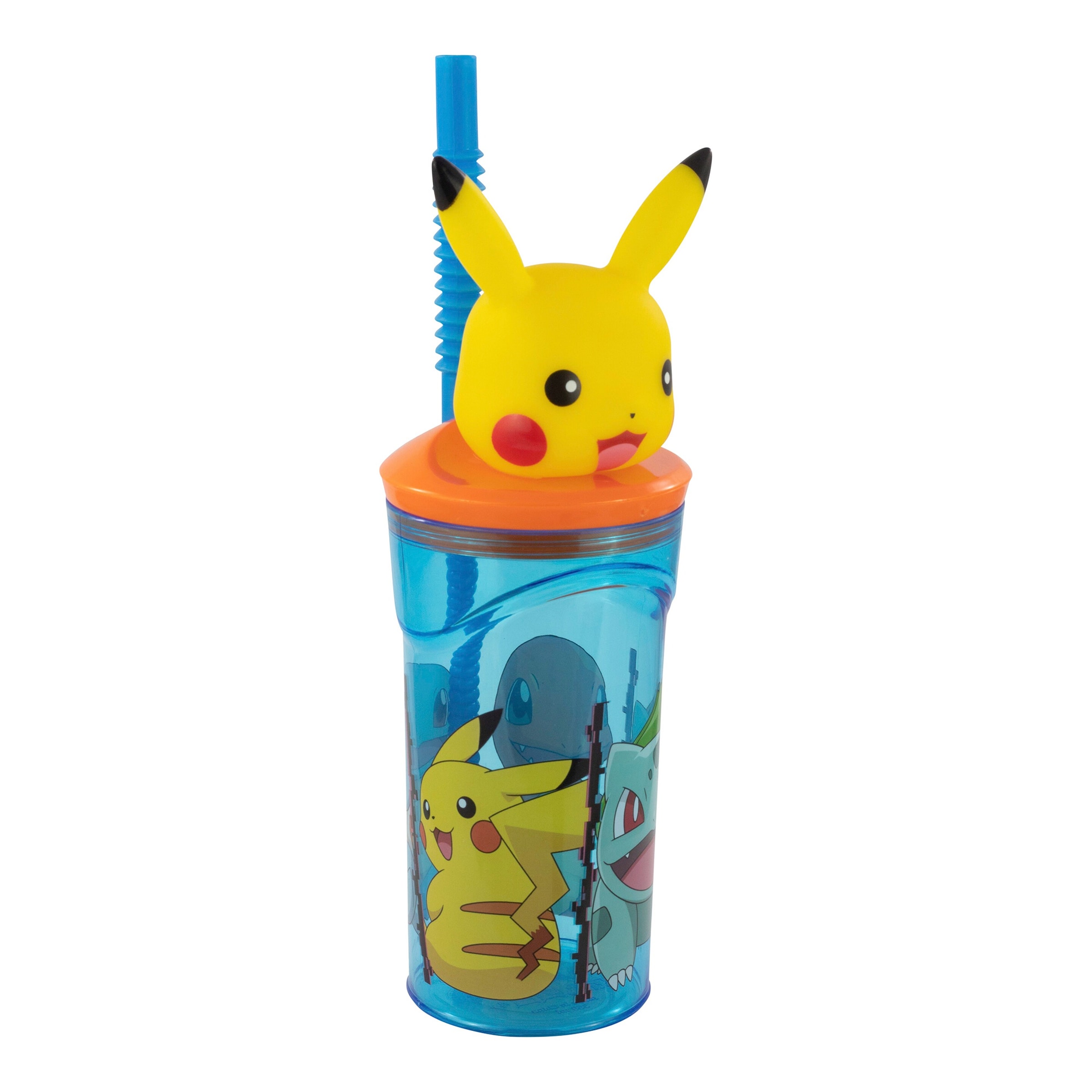 P:Os Pokémon Trinkbecher mit Strohhalm und 3D-Figur Pikachu, 360 ml