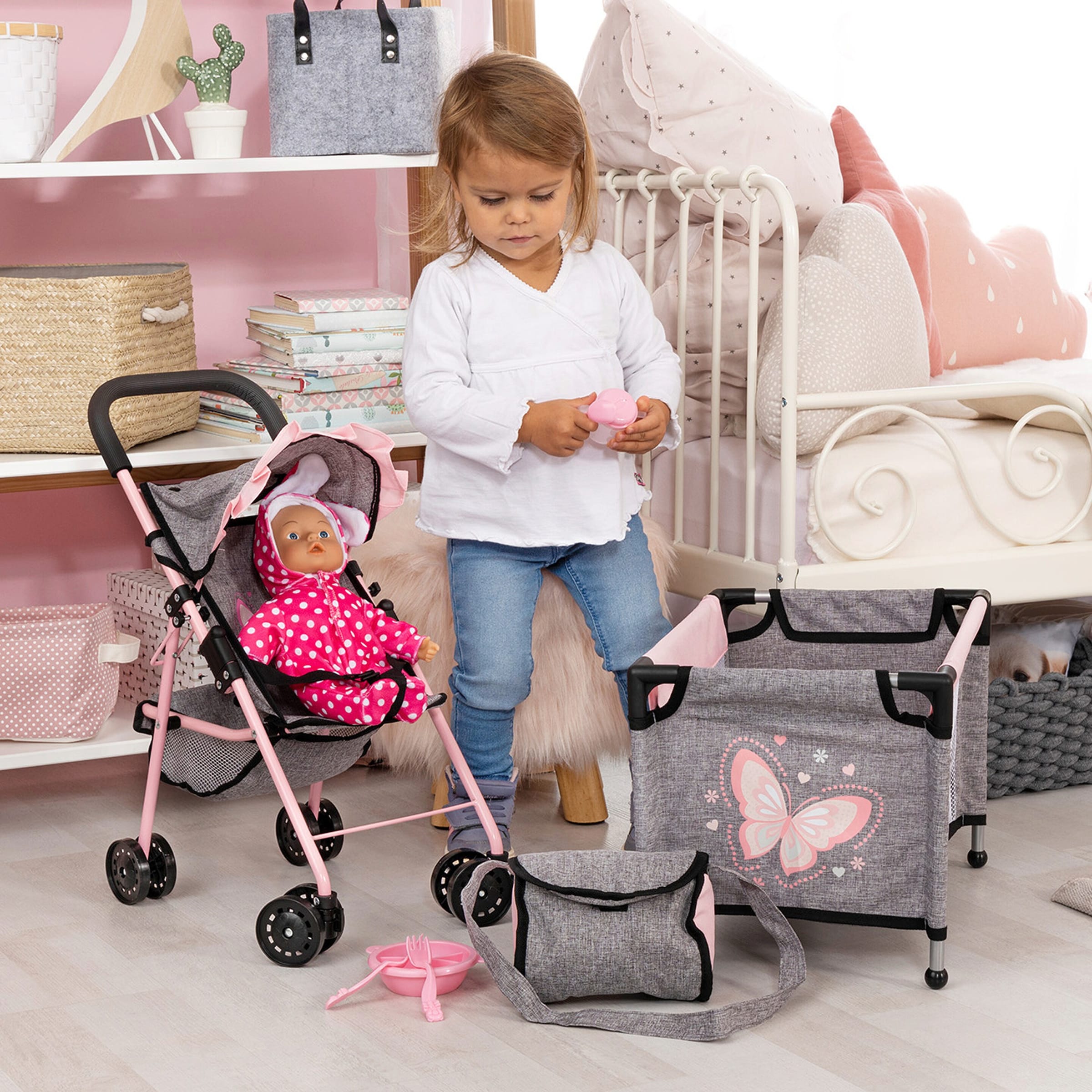 Bayer Design Puppen-Buggy Set mit Reisebett, Spielbogen und Zubehör