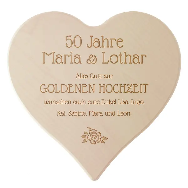 Schneidebrett aus Holz mit Gravur zur 'Goldenen Hochzeit' Größe: 24 x 24 x 1,4 cm