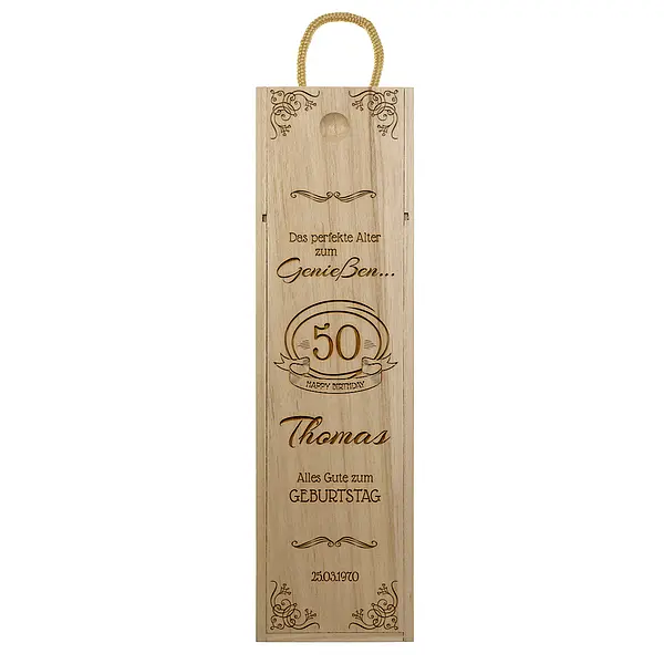 Gravierte Holzbox für Wein zum Geburtstag Design 3